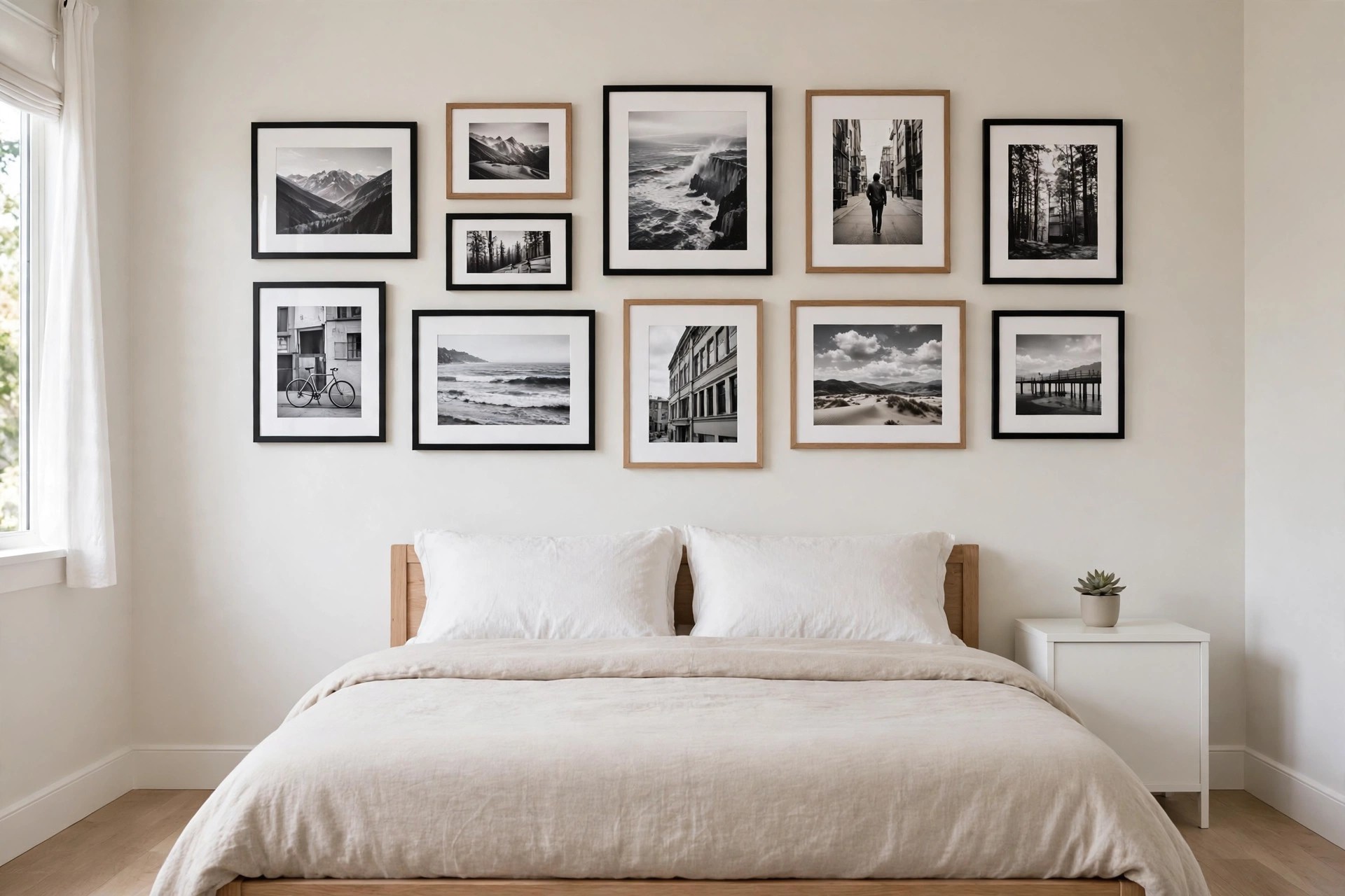 A gallery wall of black-and-white photos in black and wood frames above the bed.