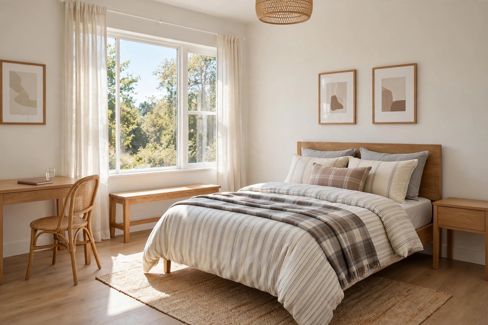 A striped duvet with a plaid throw and cushion in gray, cream and soft brown.