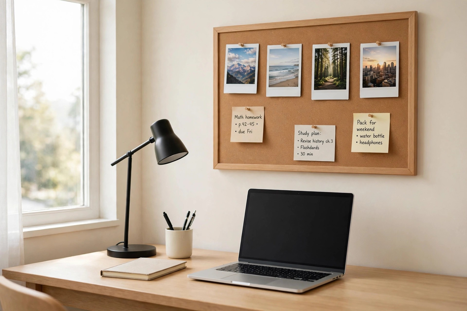 A desk with a cork pinboard holding photos and study notes, a black lamp and a laptop.