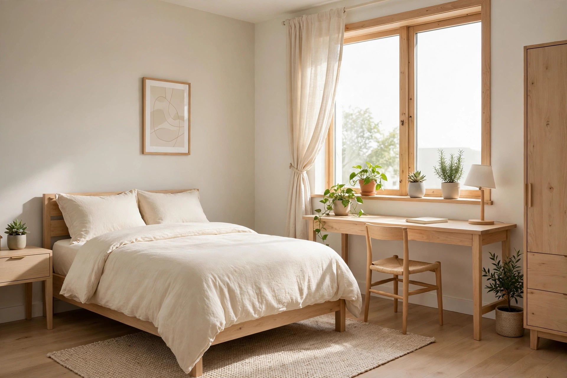 Plants along the windowsill and desk beside a cream bed in bright light.
