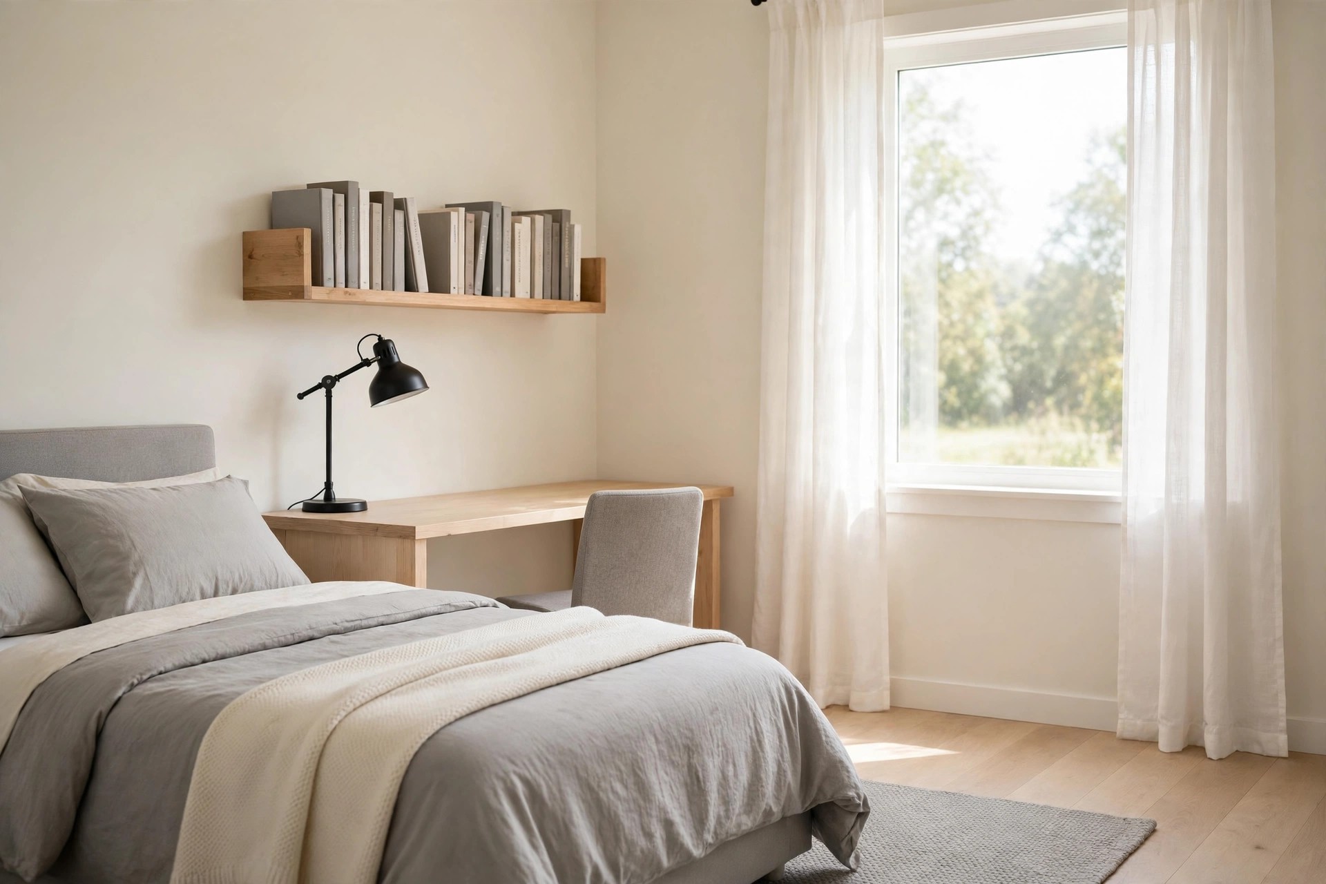 Gray bedding with a black metal desk lamp and a wood shelf of books.