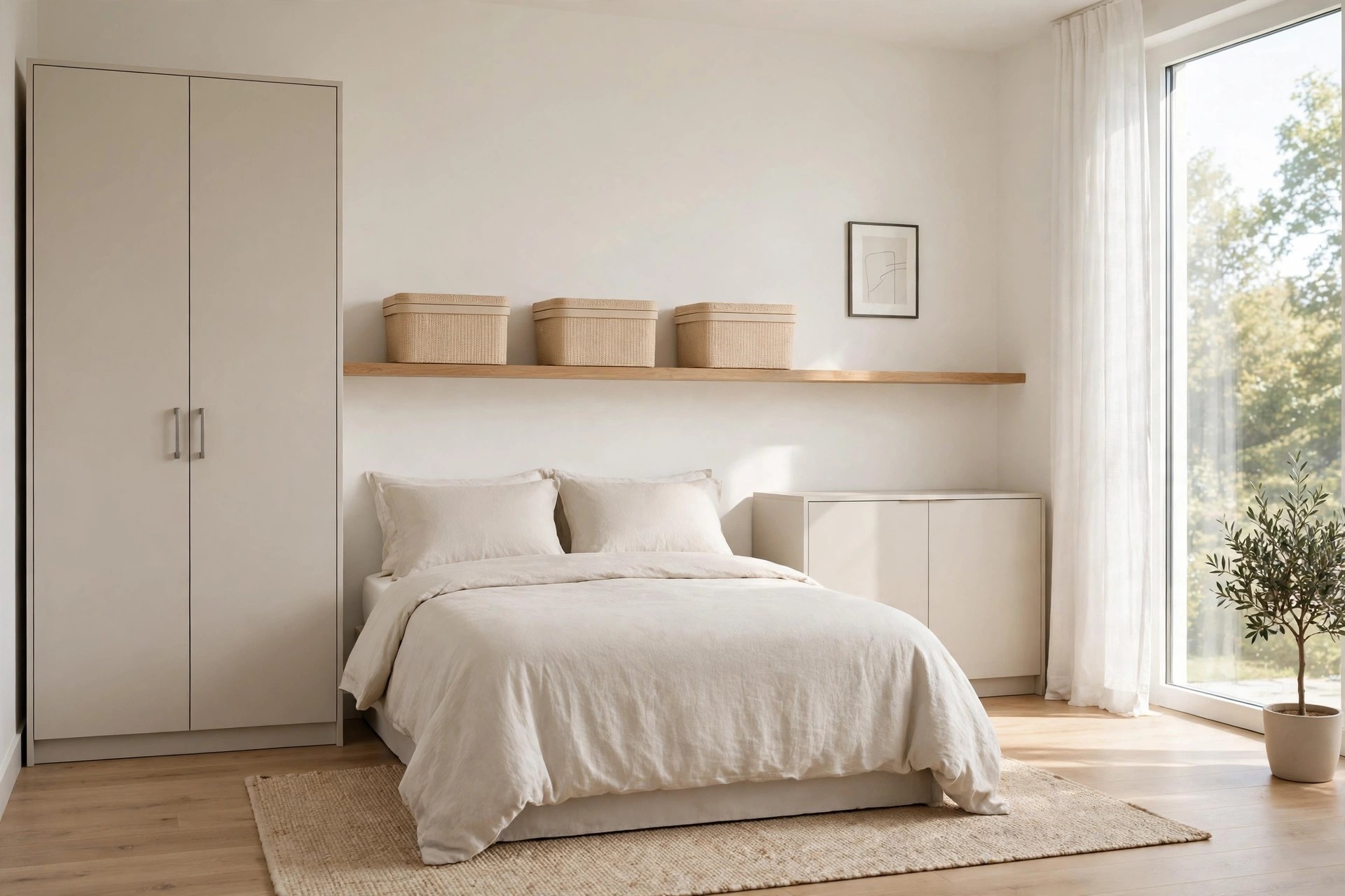 Closed storage: a plain wardrobe, lidded woven boxes on a shelf and a low cabinet.