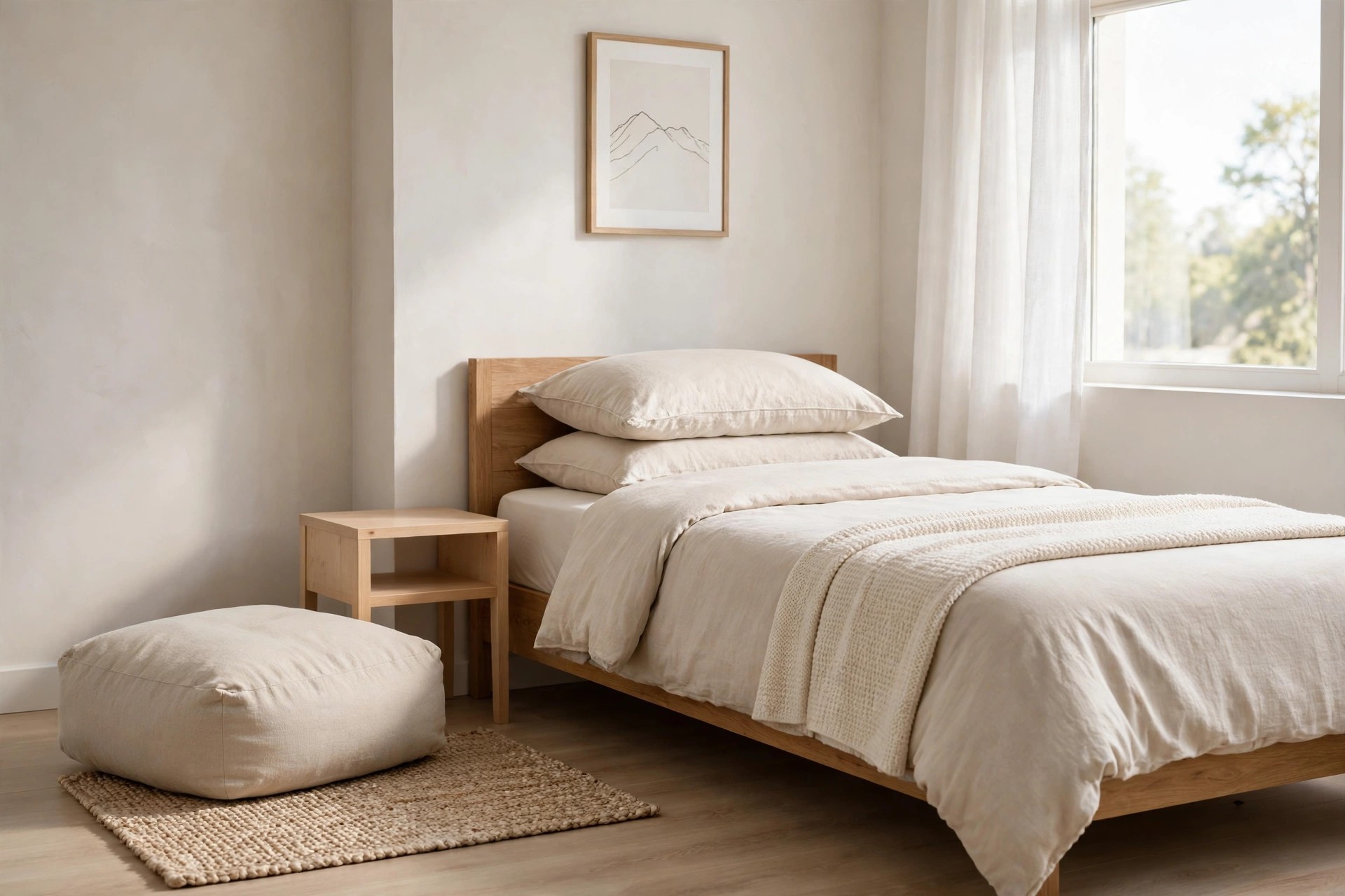 A beige floor cushion on a small woven rug beside the bed.