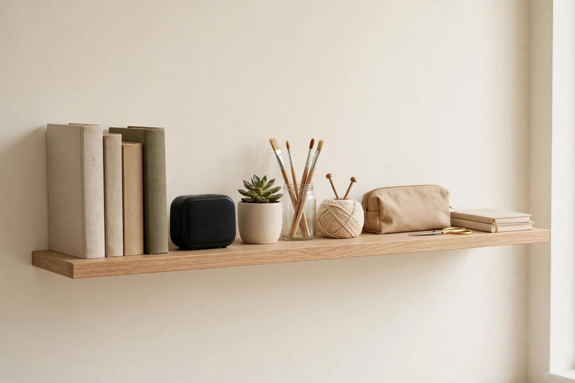 A wood shelf with books, a small black speaker, a succulent, paintbrushes in a jar, yarn and a canvas pouch.