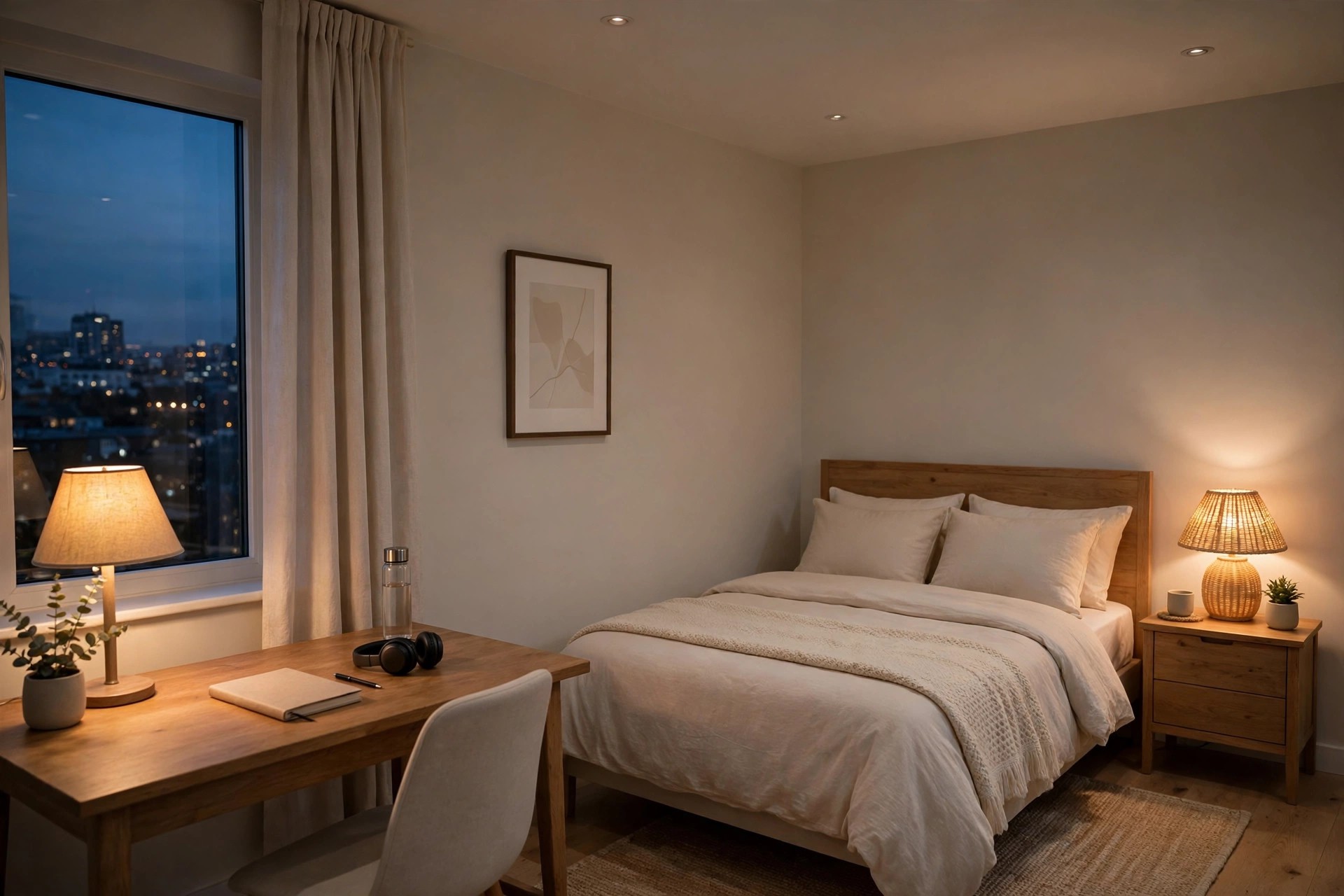 Evening layered lighting from a desk lamp, a woven bedside lamp and ceiling spots over a cream bed.