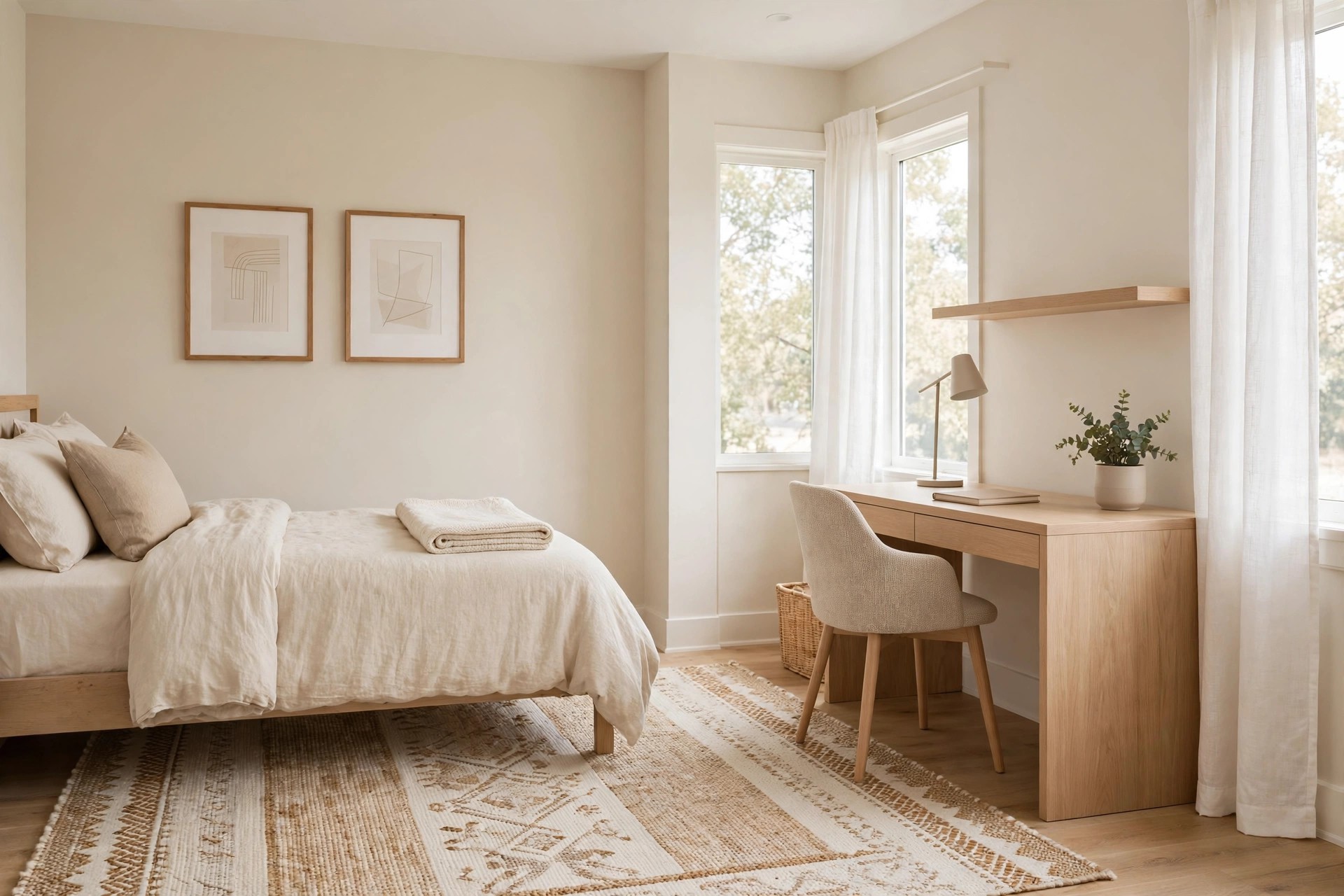 A large patterned woven rug anchoring the bed and desk in a cream room.