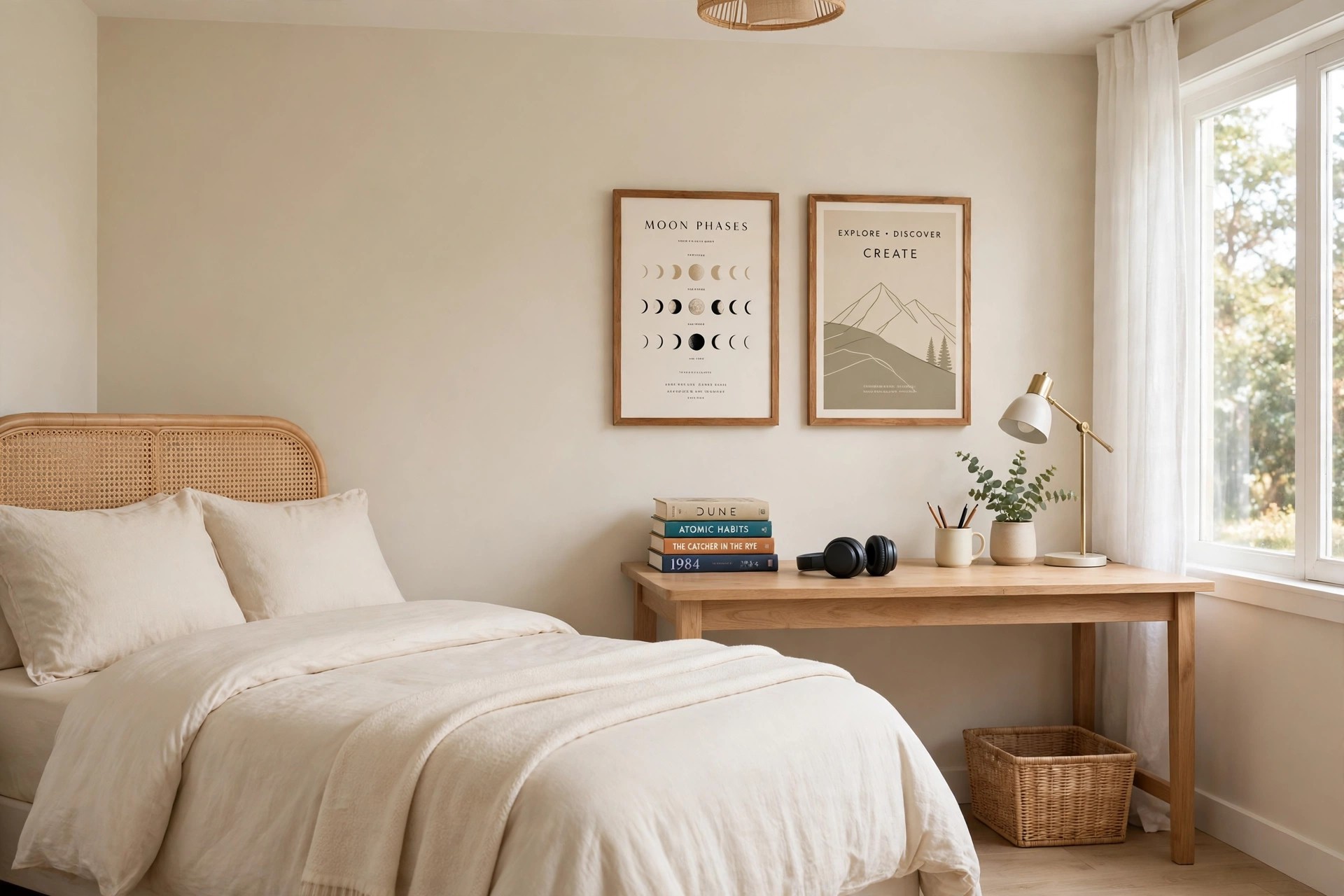 A desk with a stack of favorite books and headphones, two framed posters above.