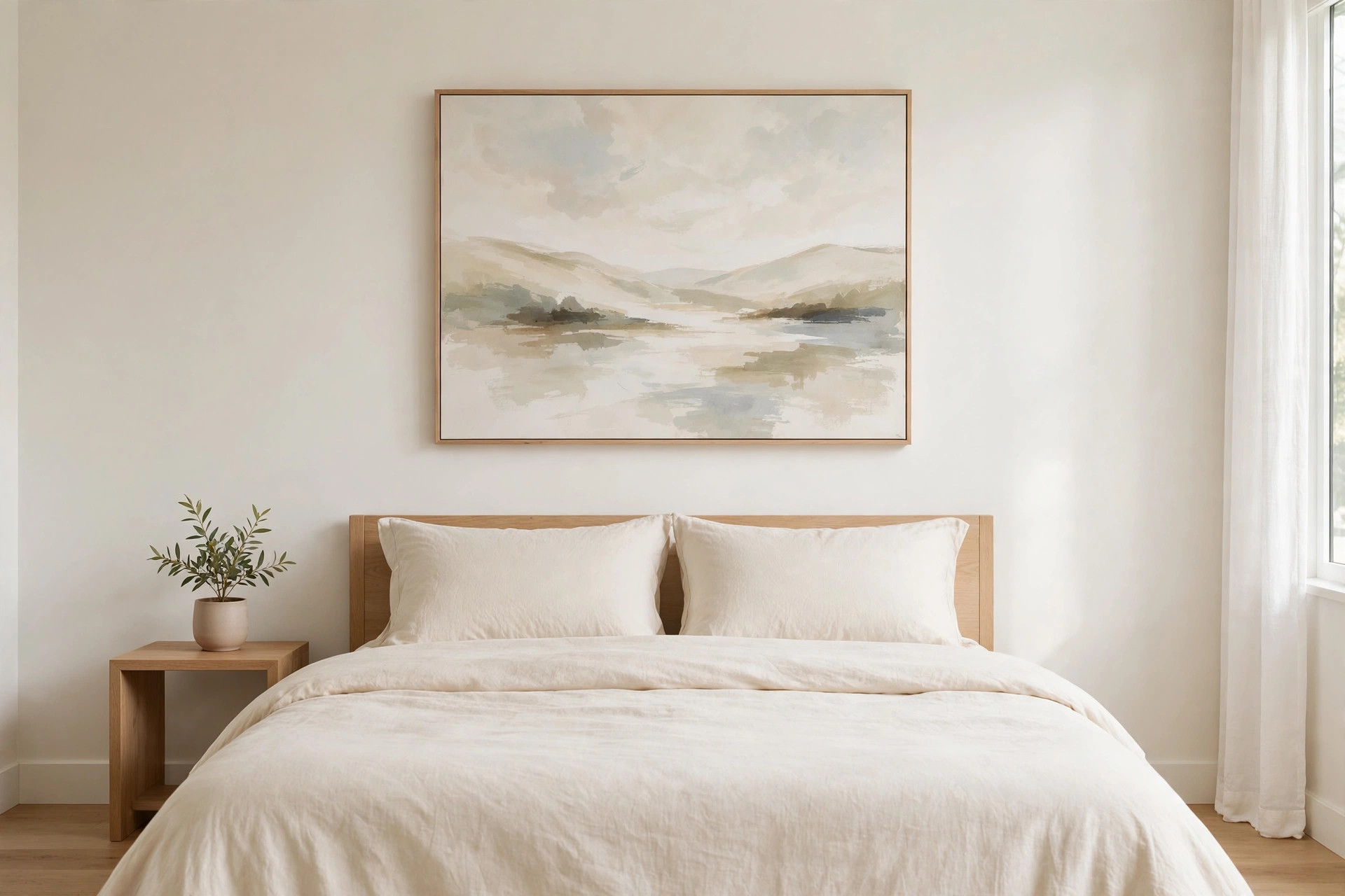 Bedroom with one large soft landscape canvas in a thin wood frame above a bed with cream bedding and a small plant on the nightstand