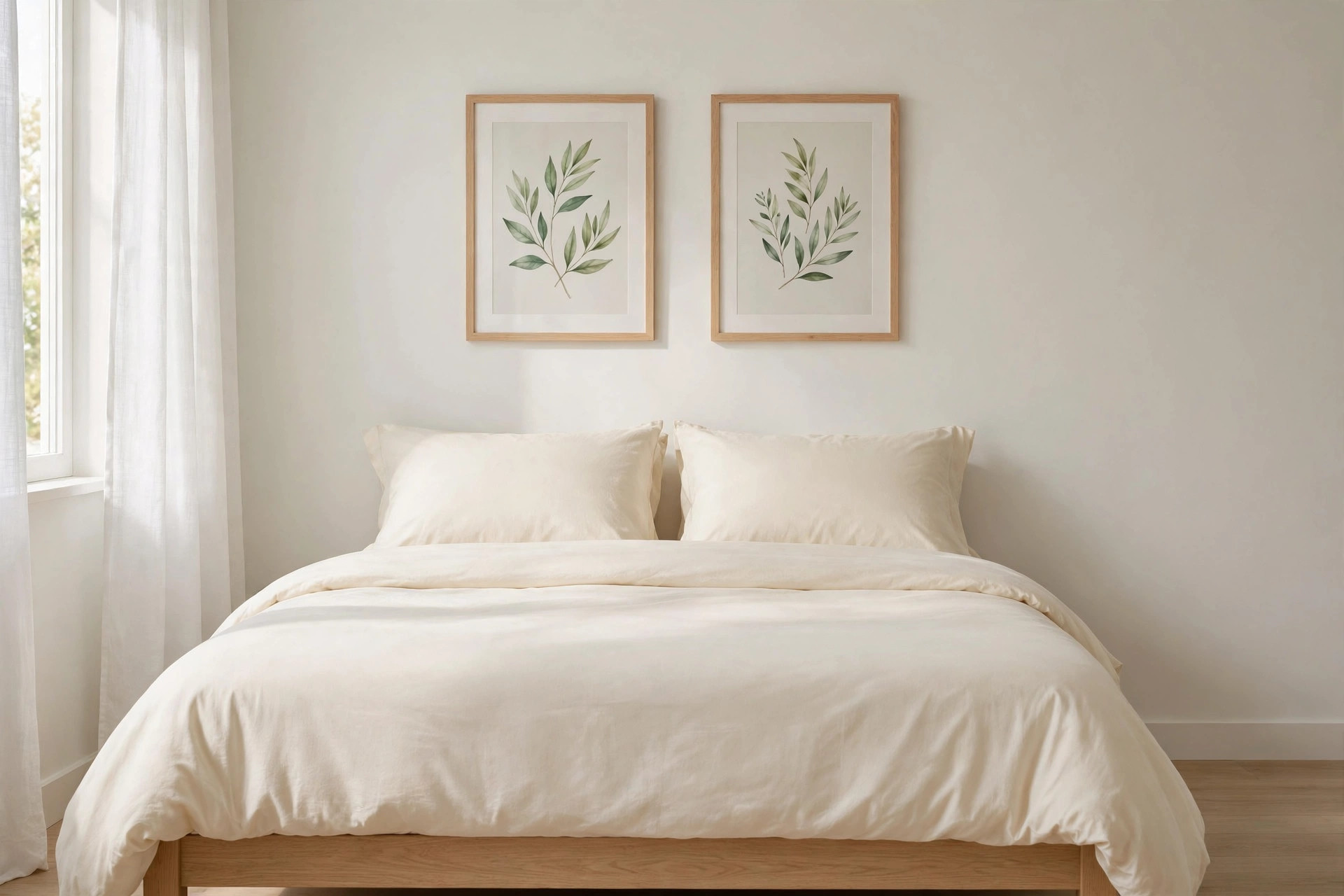 Bedroom with two matching framed green botanical prints hanging side by side above a bed with cream bedding