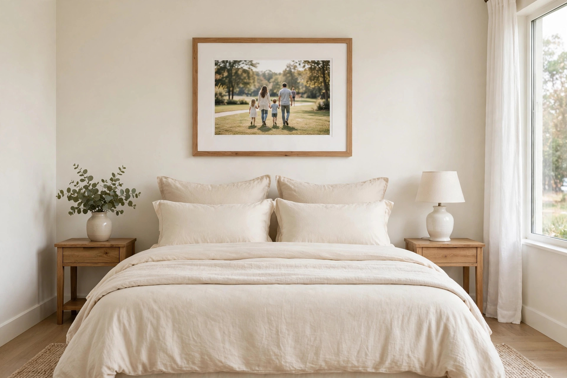 Bedroom with a large framed family photo of parents and children walking in a park, in a wood frame with a wide white mat above the bed