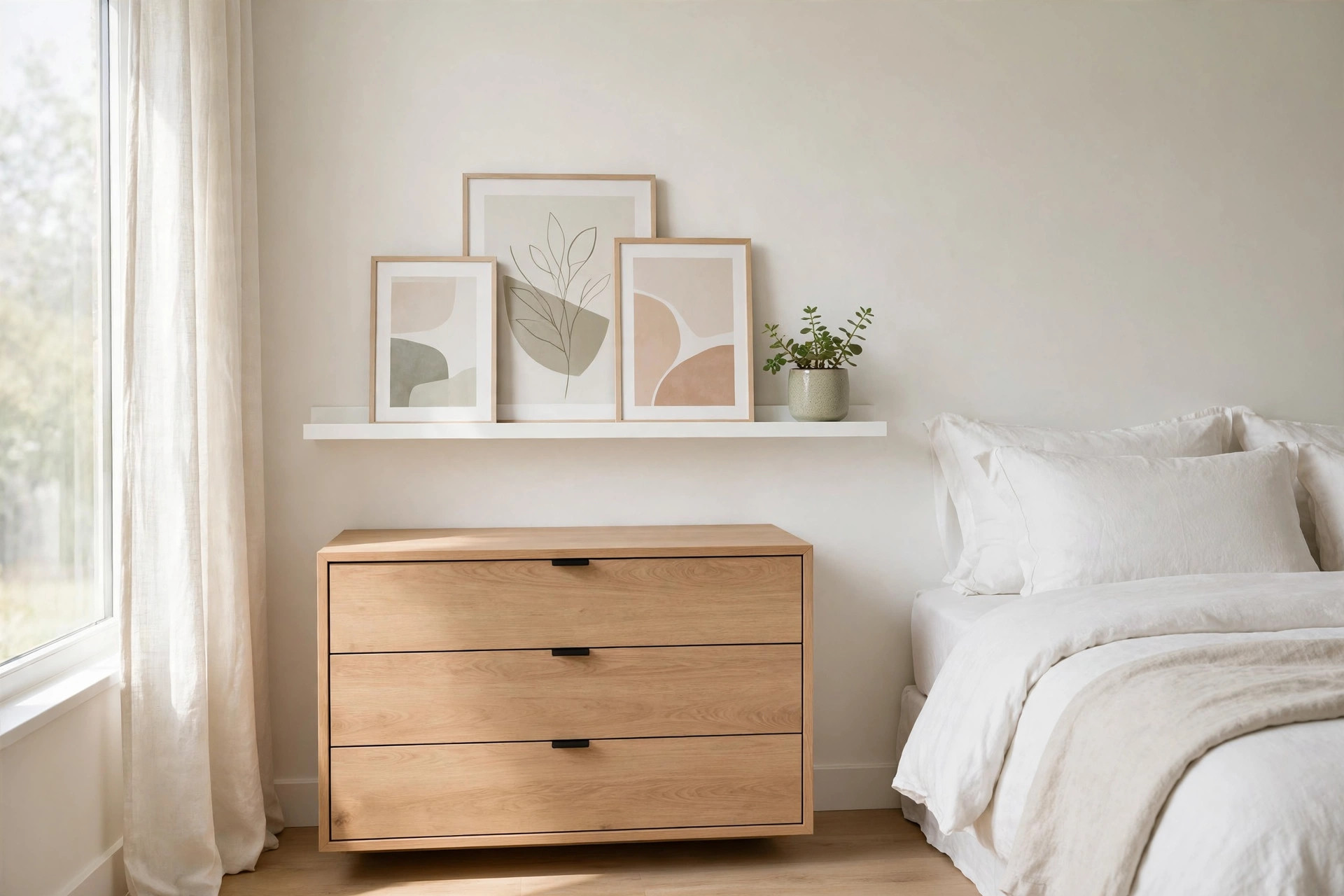 White picture ledge above a wooden dresser holding three leaning framed prints and a small potted plant, next to a bed