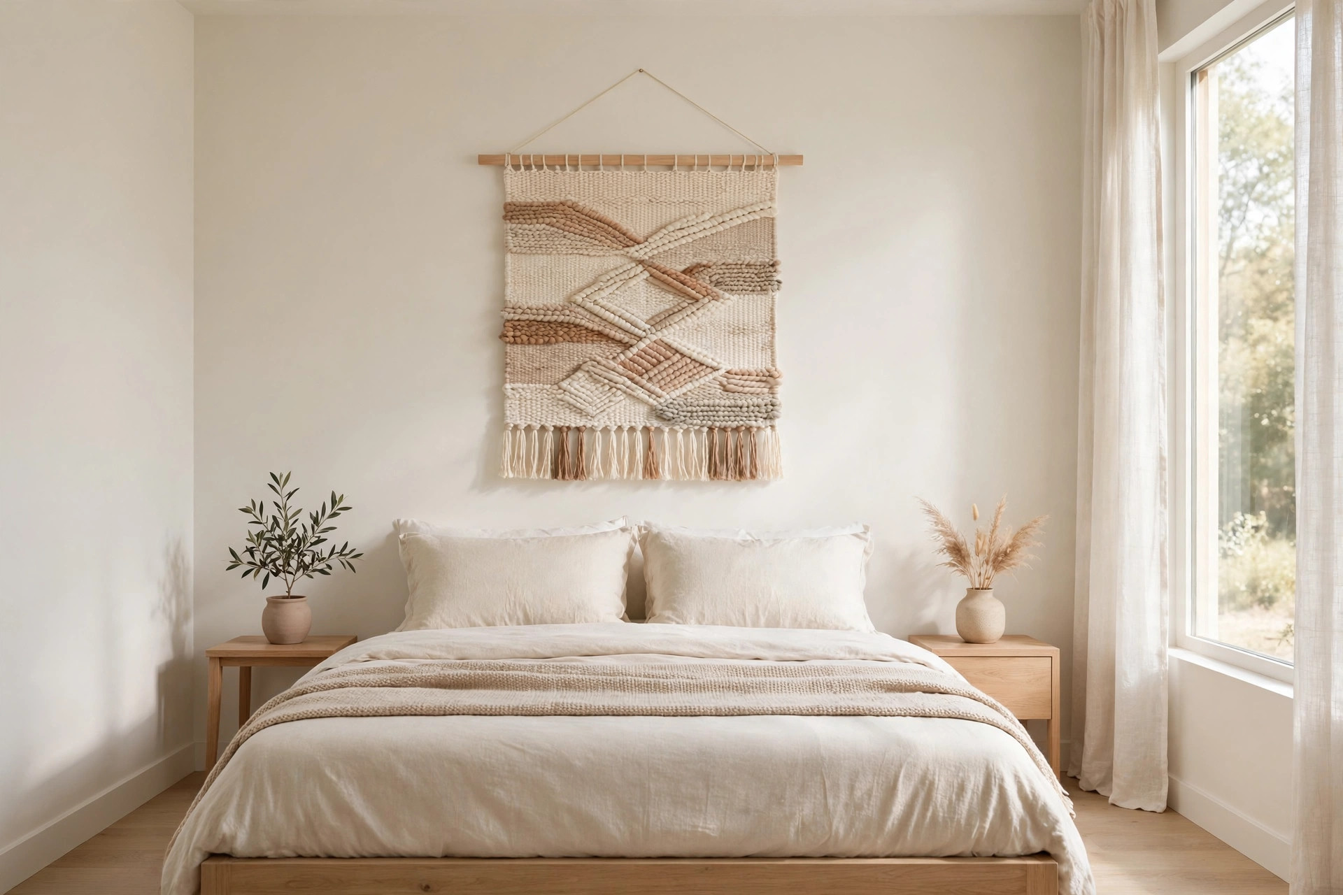 Woven cream and clay wall hanging on a wood dowel above a bed with beige bedding and wooden nightstands