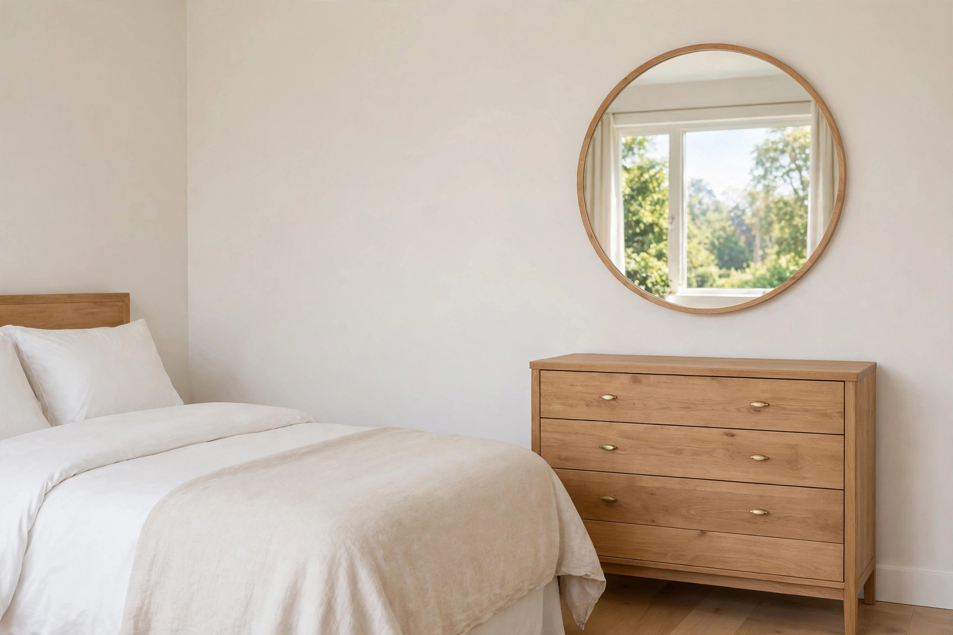 Large round mirror with a thin wood frame above a wooden dresser, reflecting a window and green trees, beside a bed