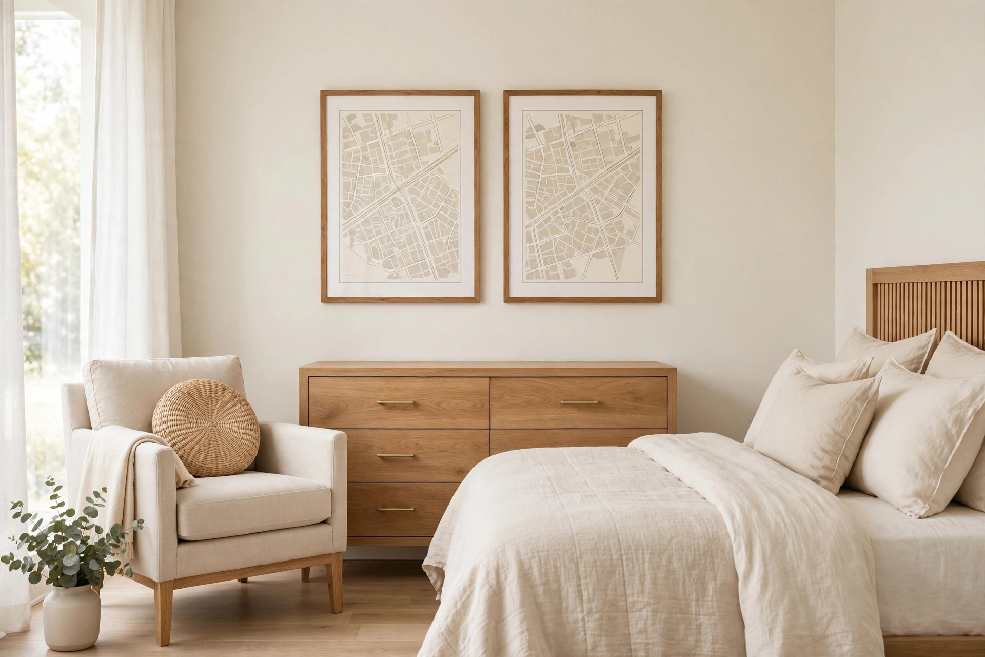 Two framed beige street maps in matching wood frames above a wooden dresser, with an armchair and a bed in the room