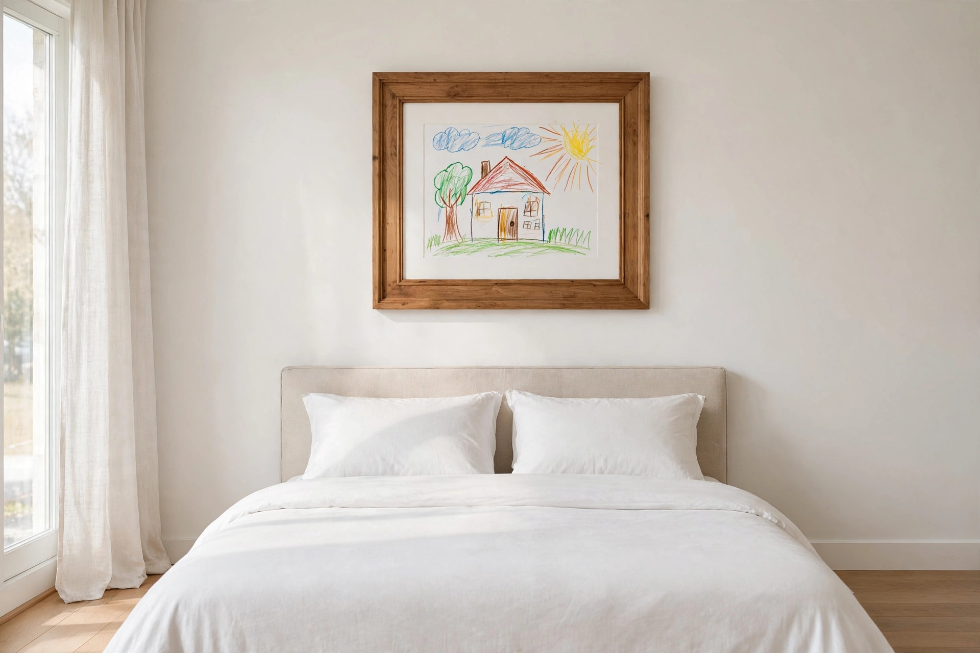 Child's crayon drawing of a house, tree and sun mounted on white card in a large wooden frame above a bed with white bedding