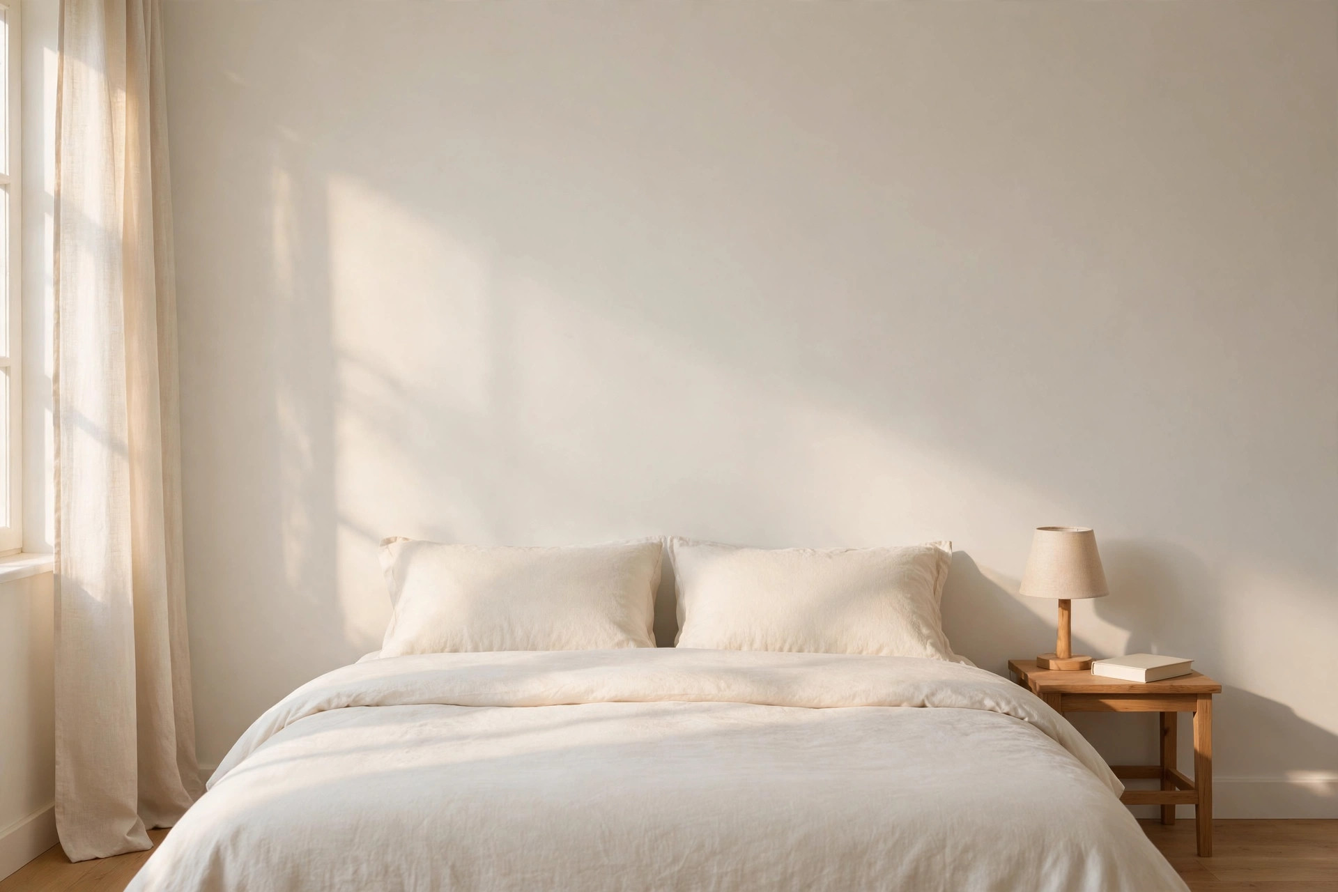 Bedroom with a completely empty pale wall above a neatly made bed, with morning light, a small lamp and a book on the nightstand