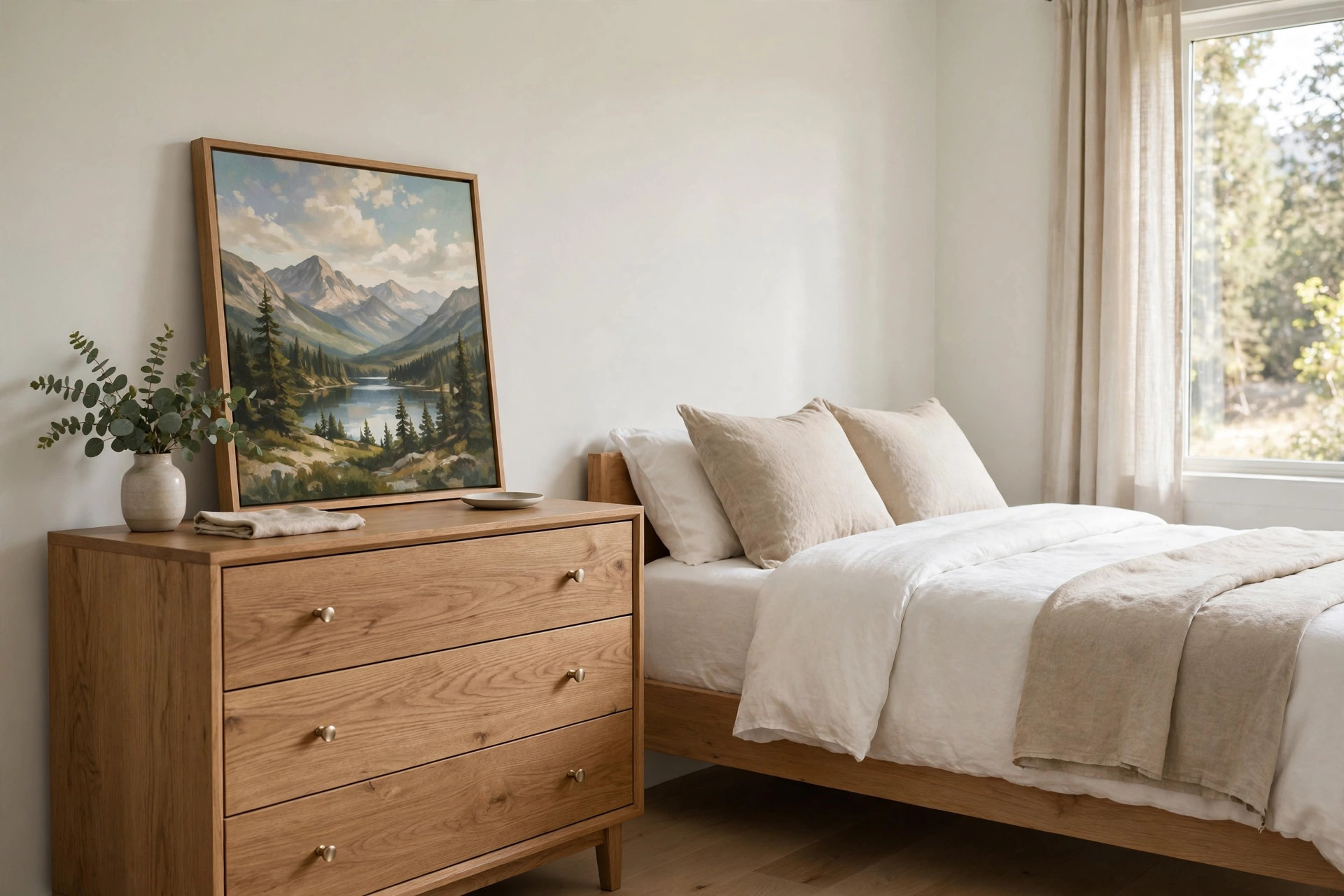 Framed mountain and lake painting leaning against the wall on top of a wooden dresser beside a bed