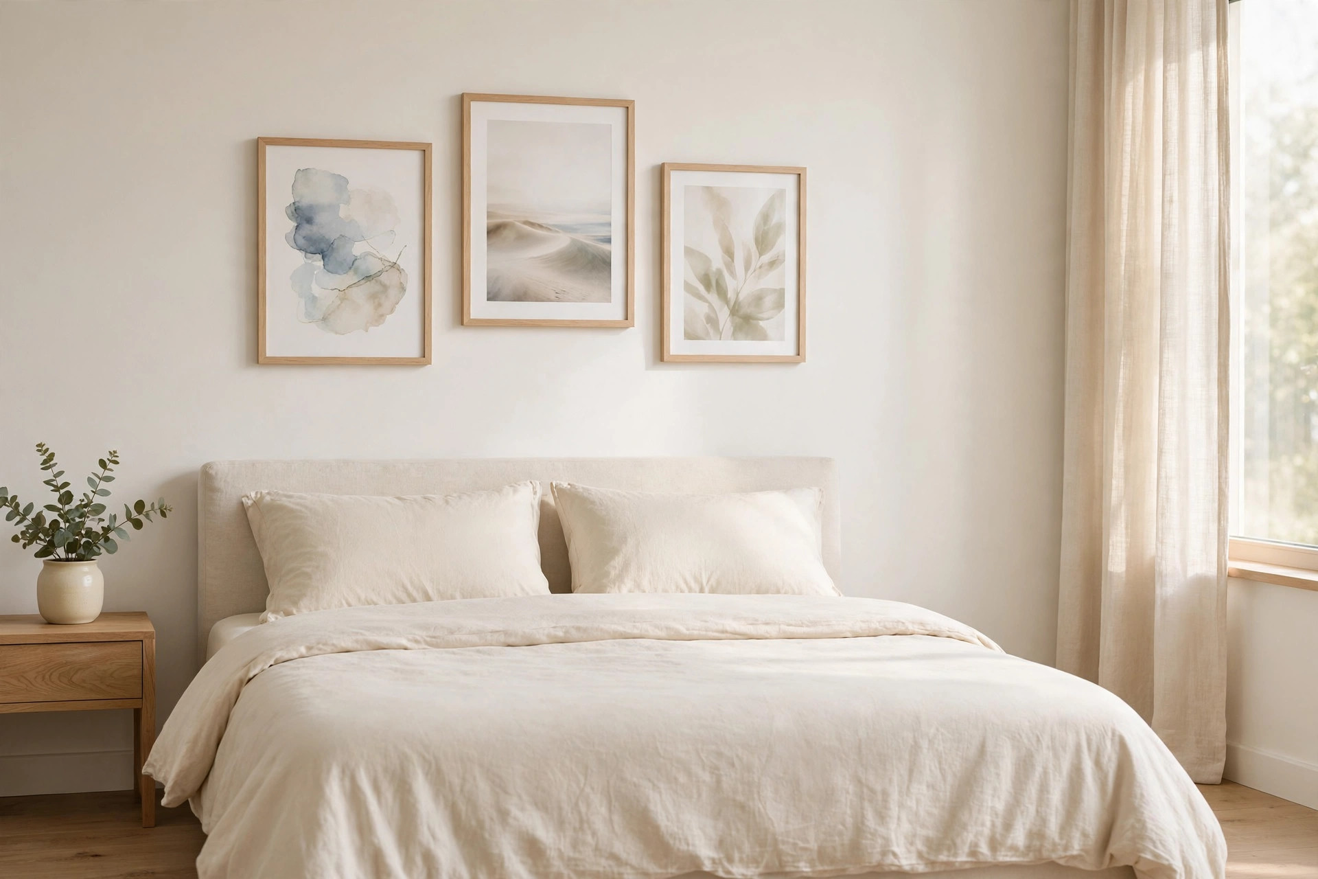 Three framed prints in matching light wood frames in a loose row above a bed, with empty wall space around the group