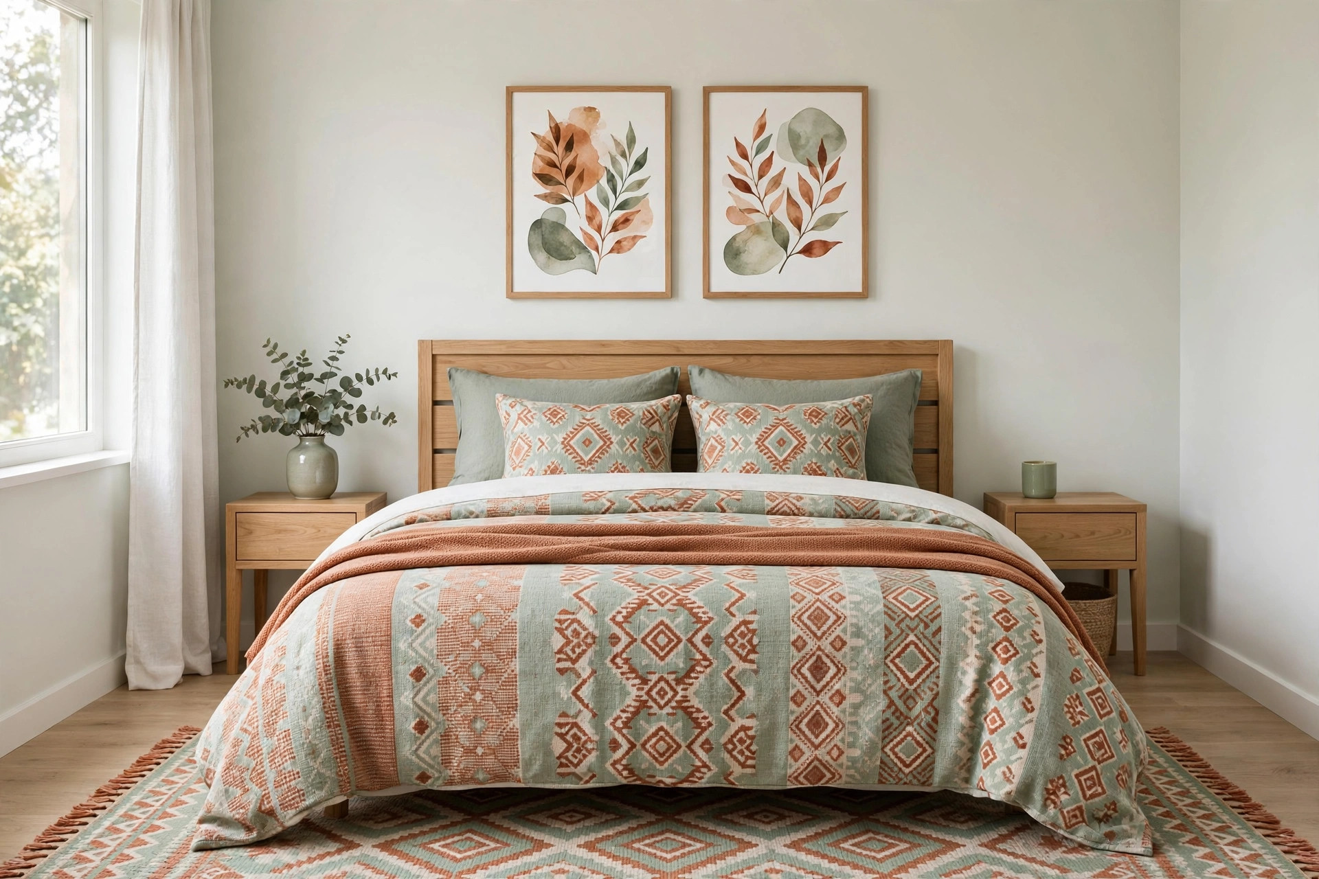 Bedroom with two framed leaf prints in rust and sage above a bed, matching the rust and sage patterned duvet and rug