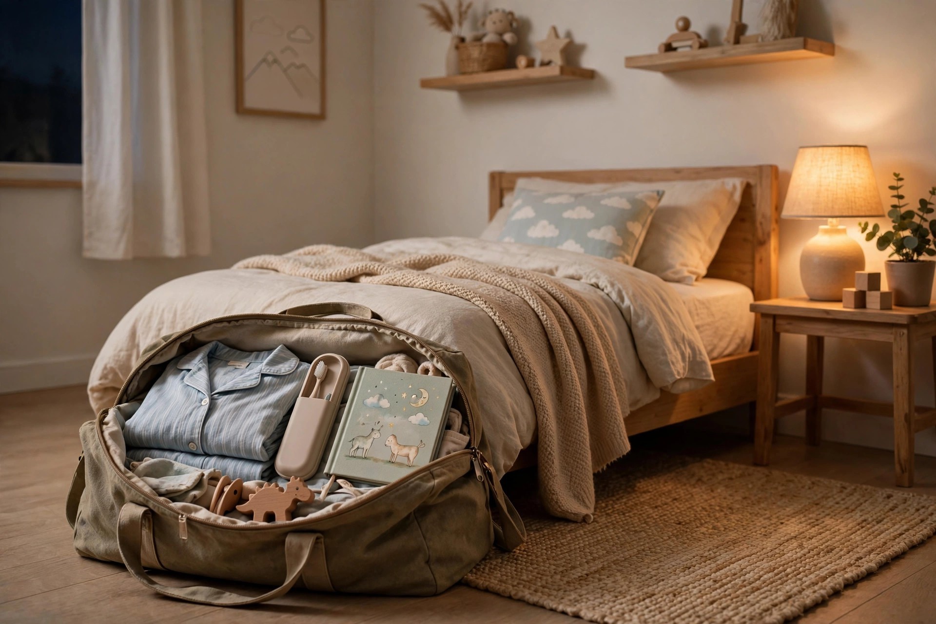 Open overnight bag beside a made bed holding pajamas, a toothbrush case, a picture book and a small wooden toy