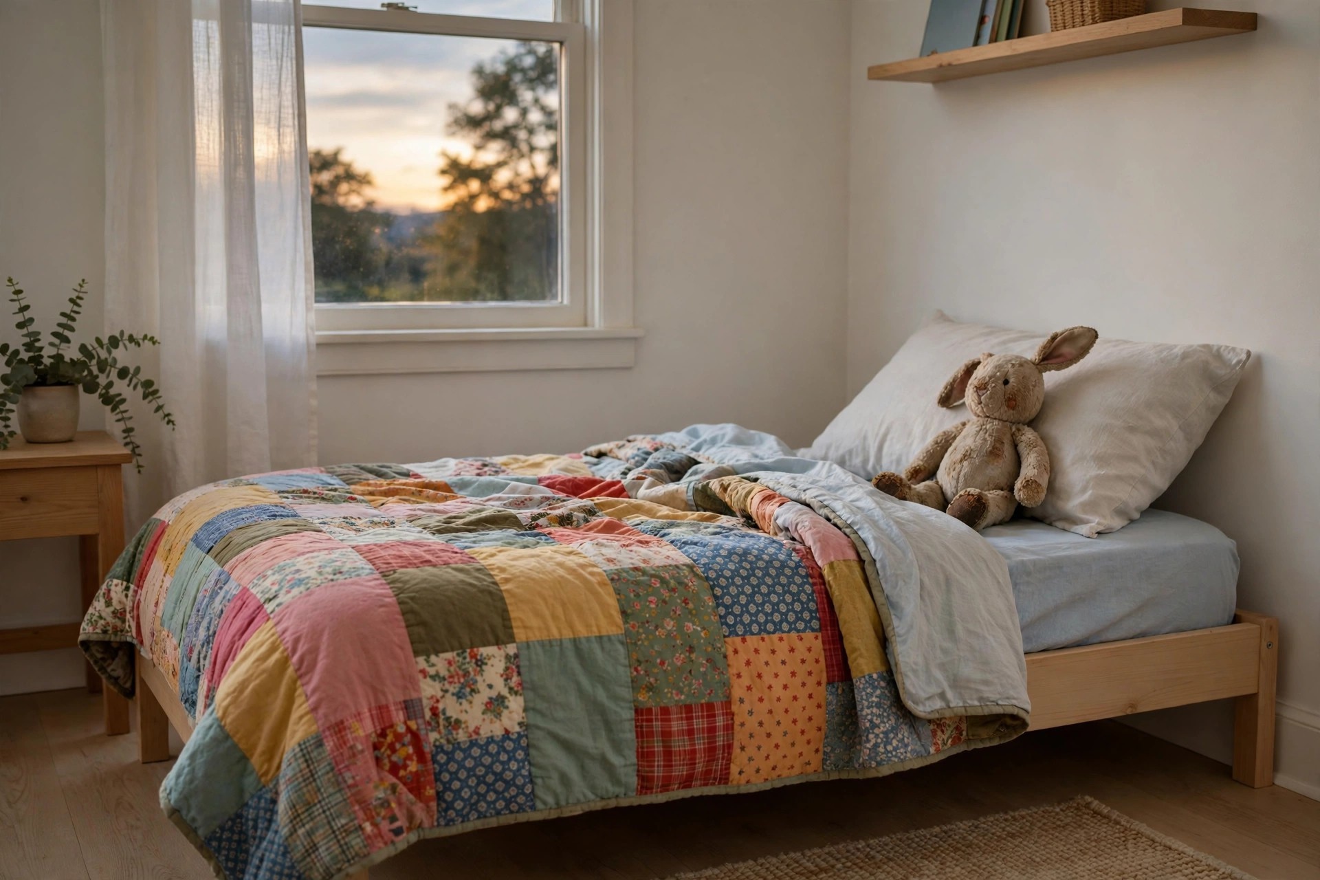 New kids bed made first with a familiar colorful patchwork quilt and a stuffed bunny on the pillow