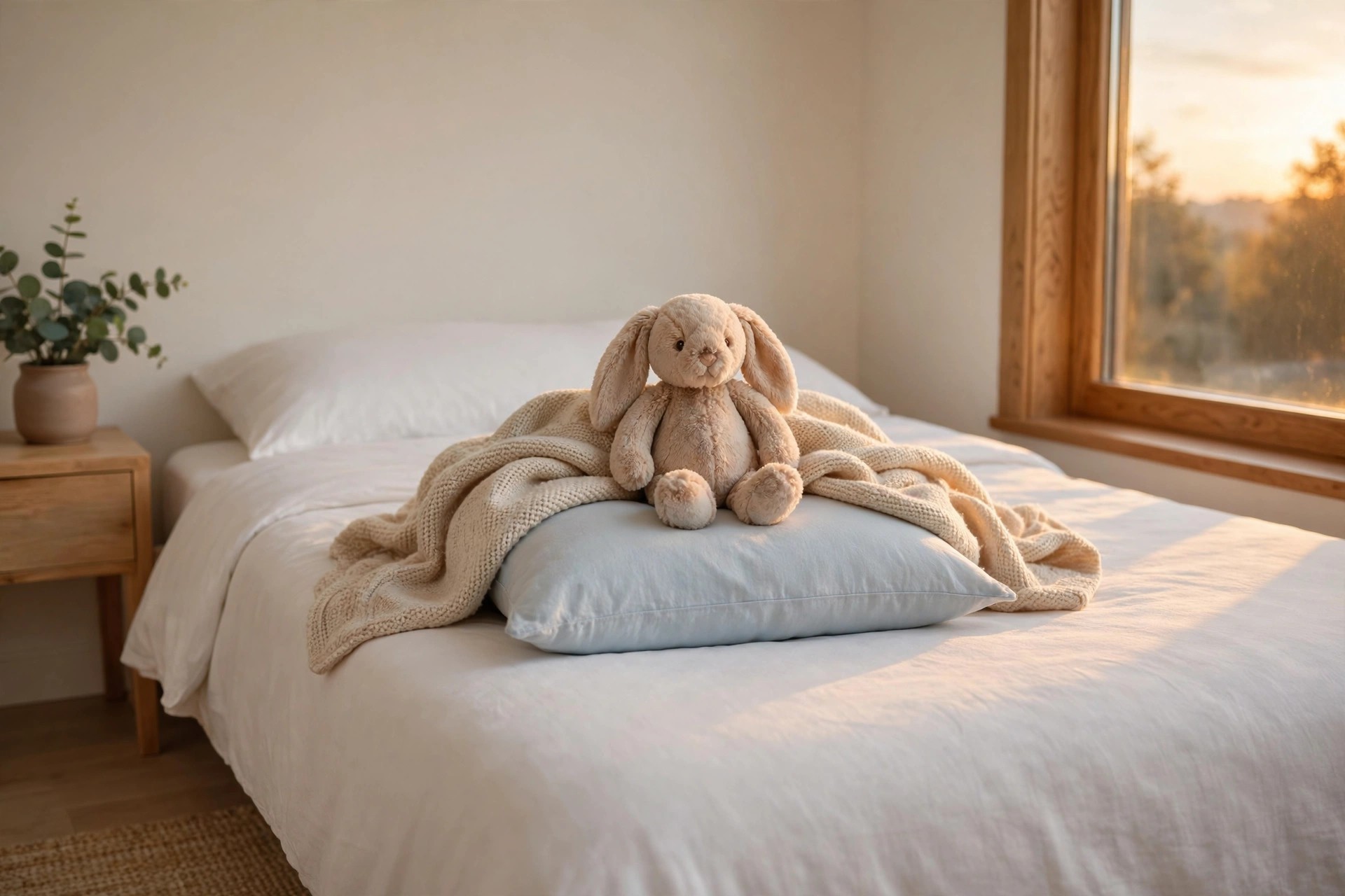 Well loved knit blanket and a stuffed bunny placed on a pillow on a plain made bed