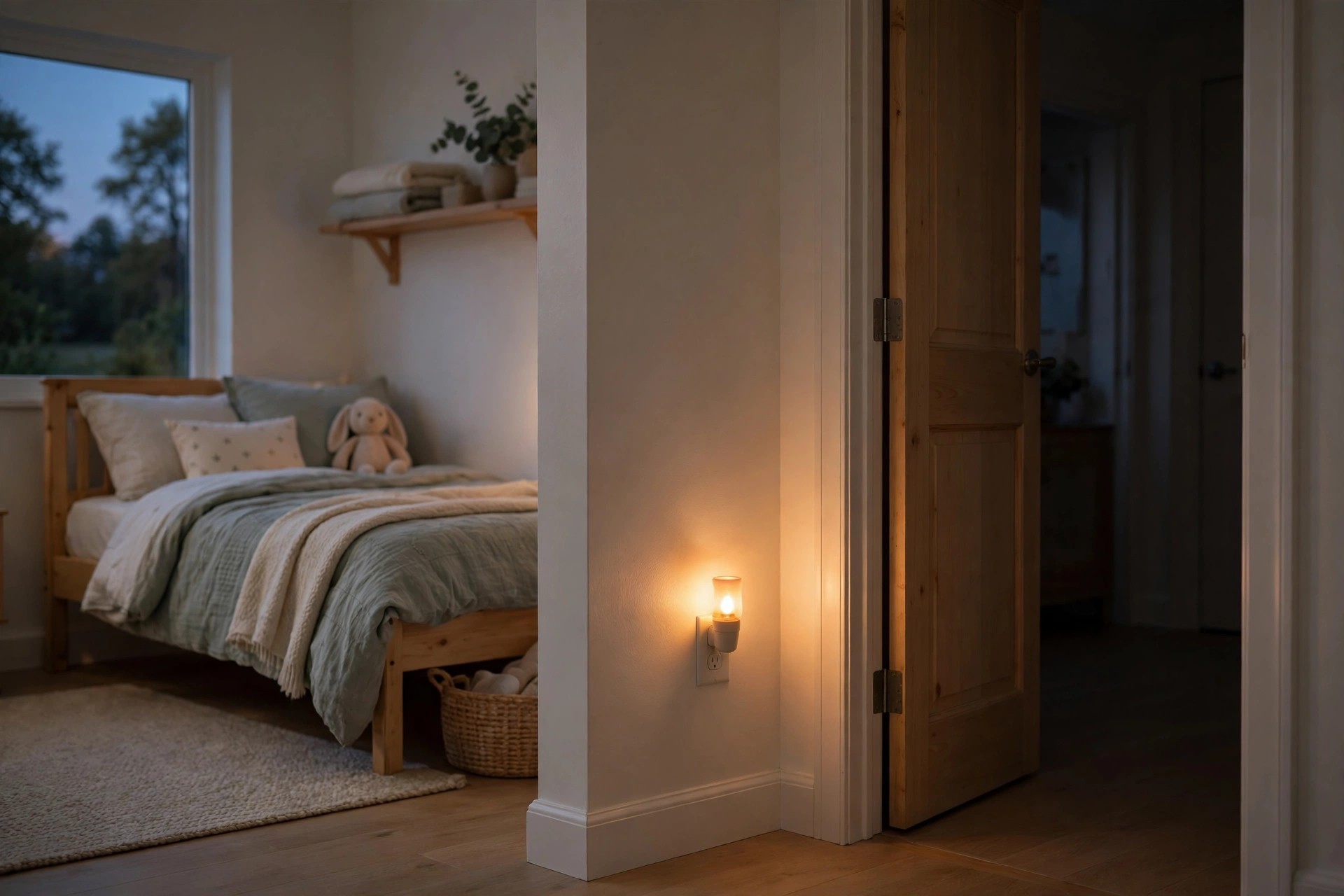 Plug in night light glowing beside a bedroom doorway with a made kids bed behind it