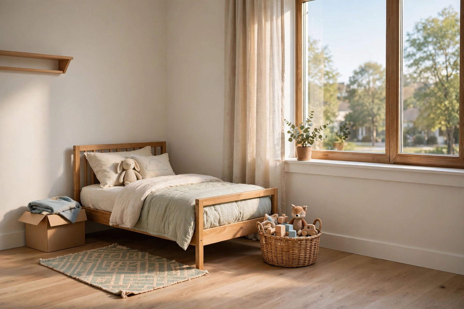 Kids bed placed in the corner of a new bedroom by the window with a small rug and a basket of toys beside it