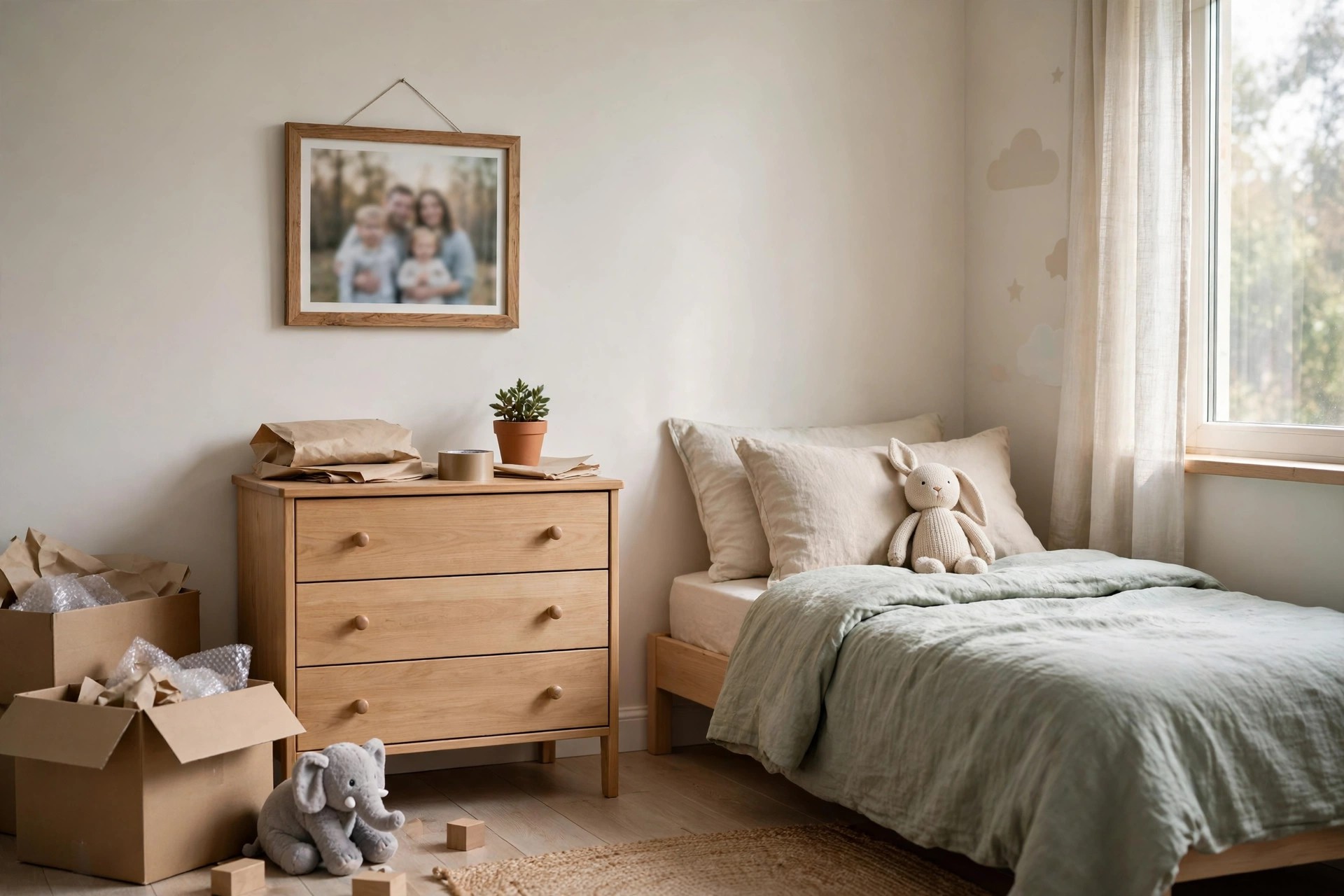 One framed family photograph hanging above a dresser in a new kids bedroom with moving boxes beside it