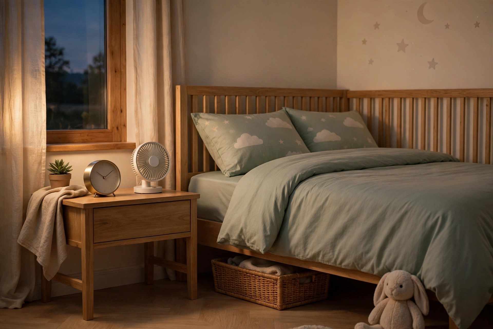 Small clock and a quiet fan on a nightstand beside a made kids bed at dusk