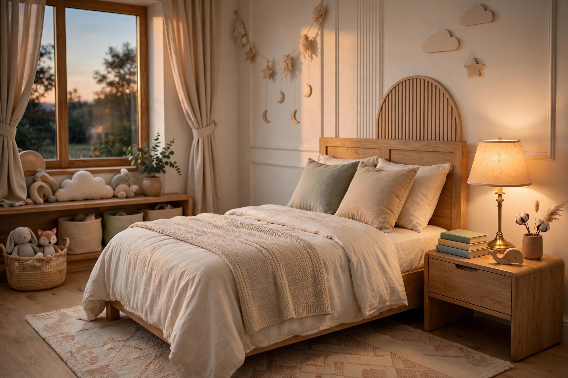 Made kids bed at dusk with a lit lamp and a small stack of favorite books on the nightstand