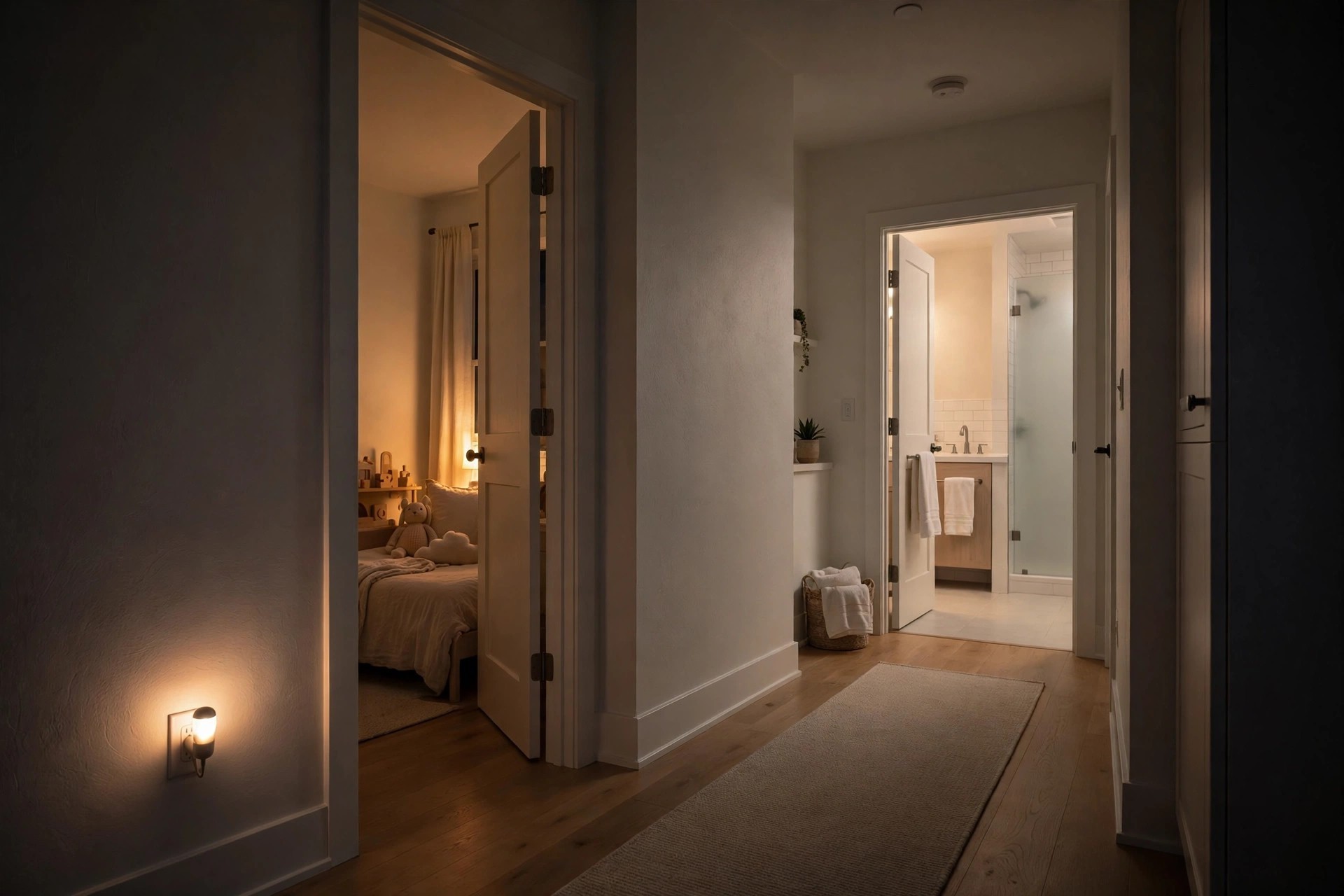 Hallway at night with a glowing night light, a kids bedroom door ajar and the bathroom lit at the end