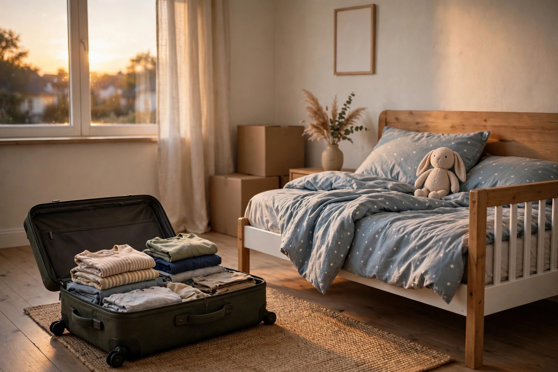 Open suitcase with folded pajamas and morning clothes beside a made kids bed, moving boxes behind