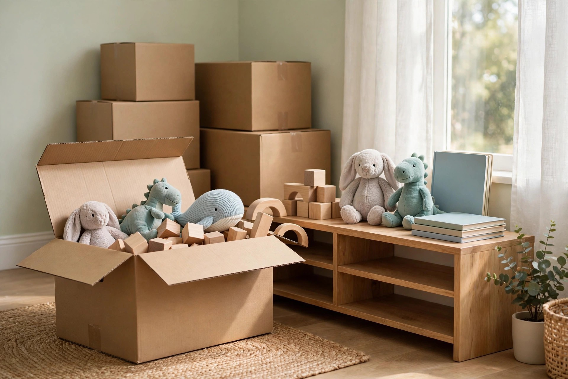 Open moving box of favorite toys and wooden blocks being unpacked onto a low shelf, other boxes still closed