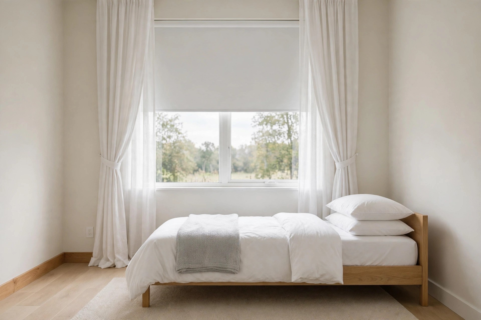 Plain white curtains and a simple roller blind on a new bedroom window above a plainly made bed