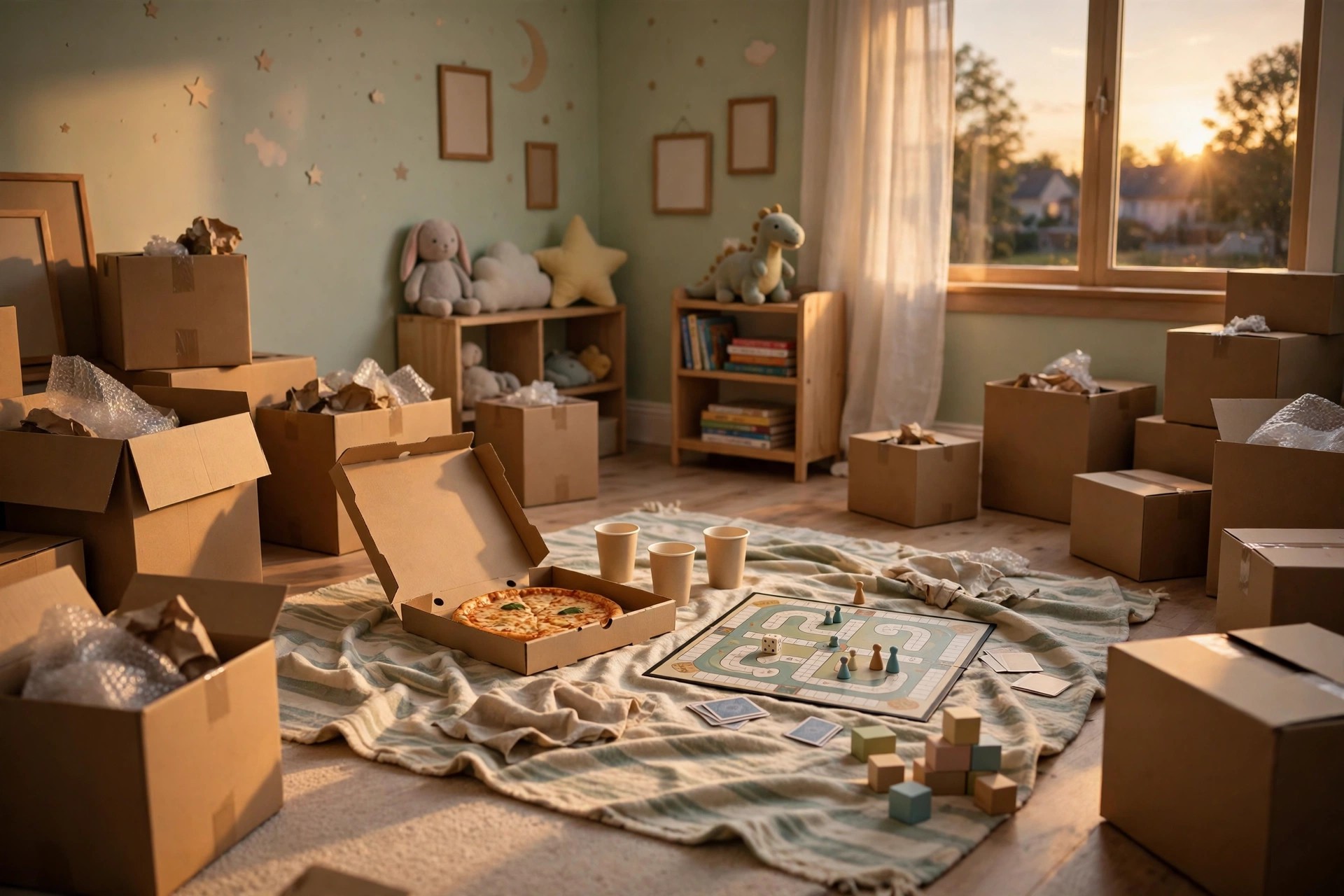 First night floor picnic in a new kids bedroom with an open pizza box, paper cups and a board game on a blanket among moving boxes