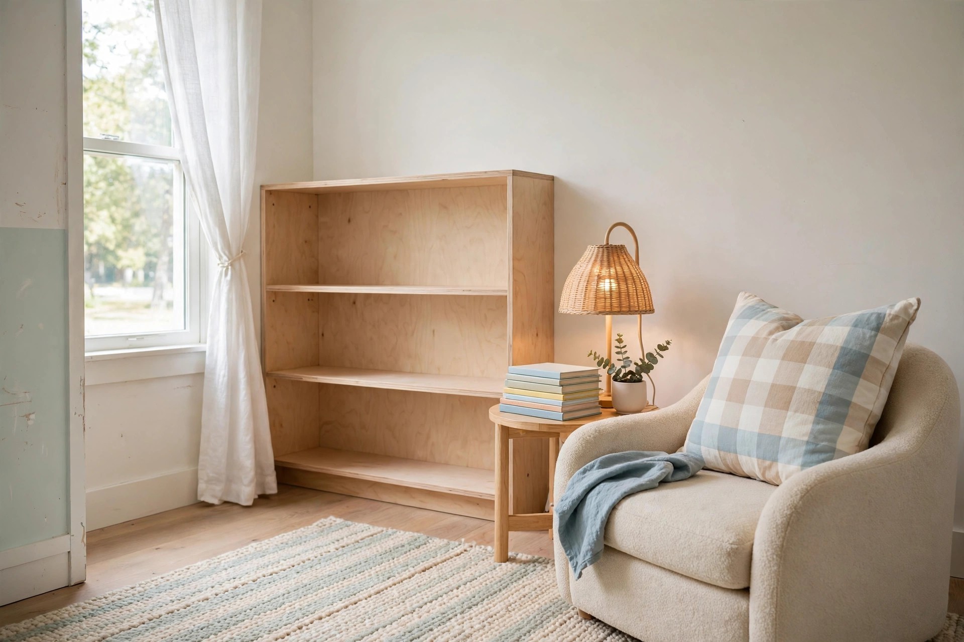 Finished reading corner with an armchair, a cushion, books and a lamp beside a still empty bookshelf