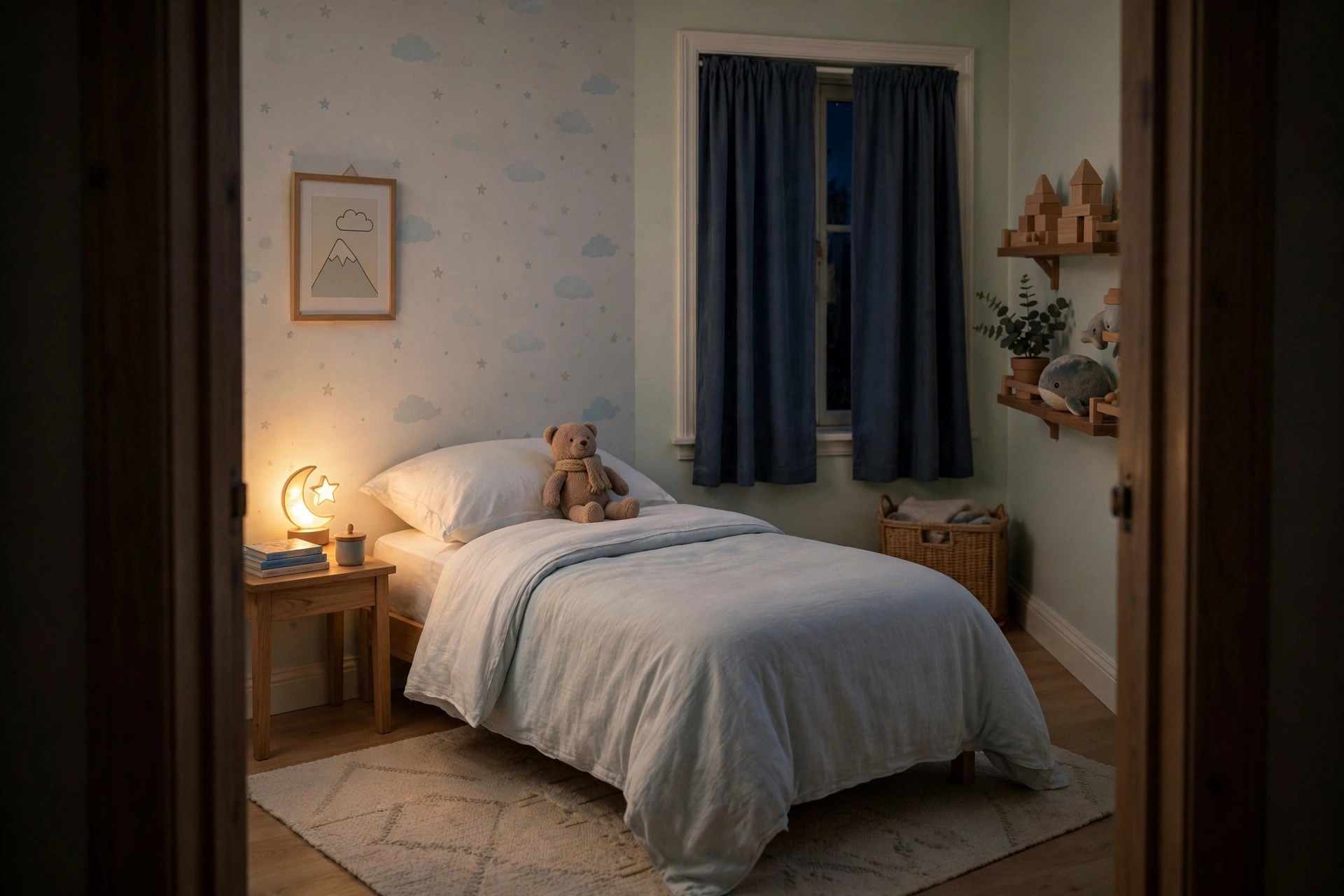 View from the doorway of a calm kids bedroom at night with the bed made, a moon night light glowing and a teddy on the pillow