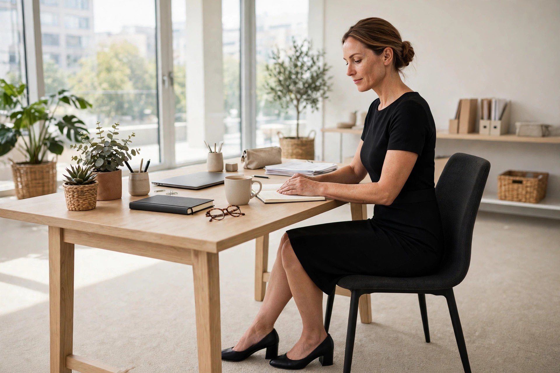 A woman in her early 40s seated at a desk in a black ponte sheath dress with short sleeves and black low block heels