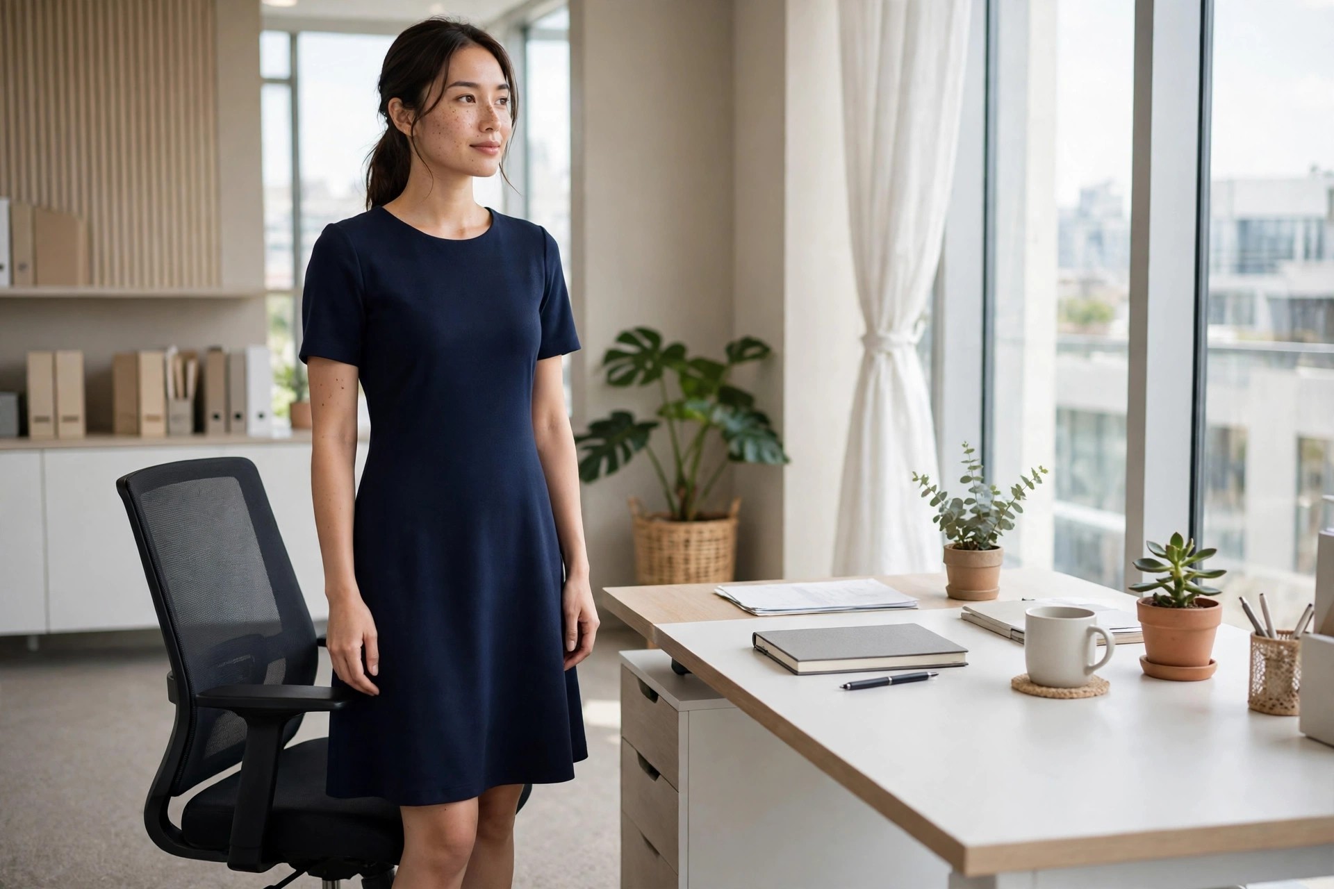 A young office woman standing beside a desk chair in a navy ponte A-line dress with short sleeves