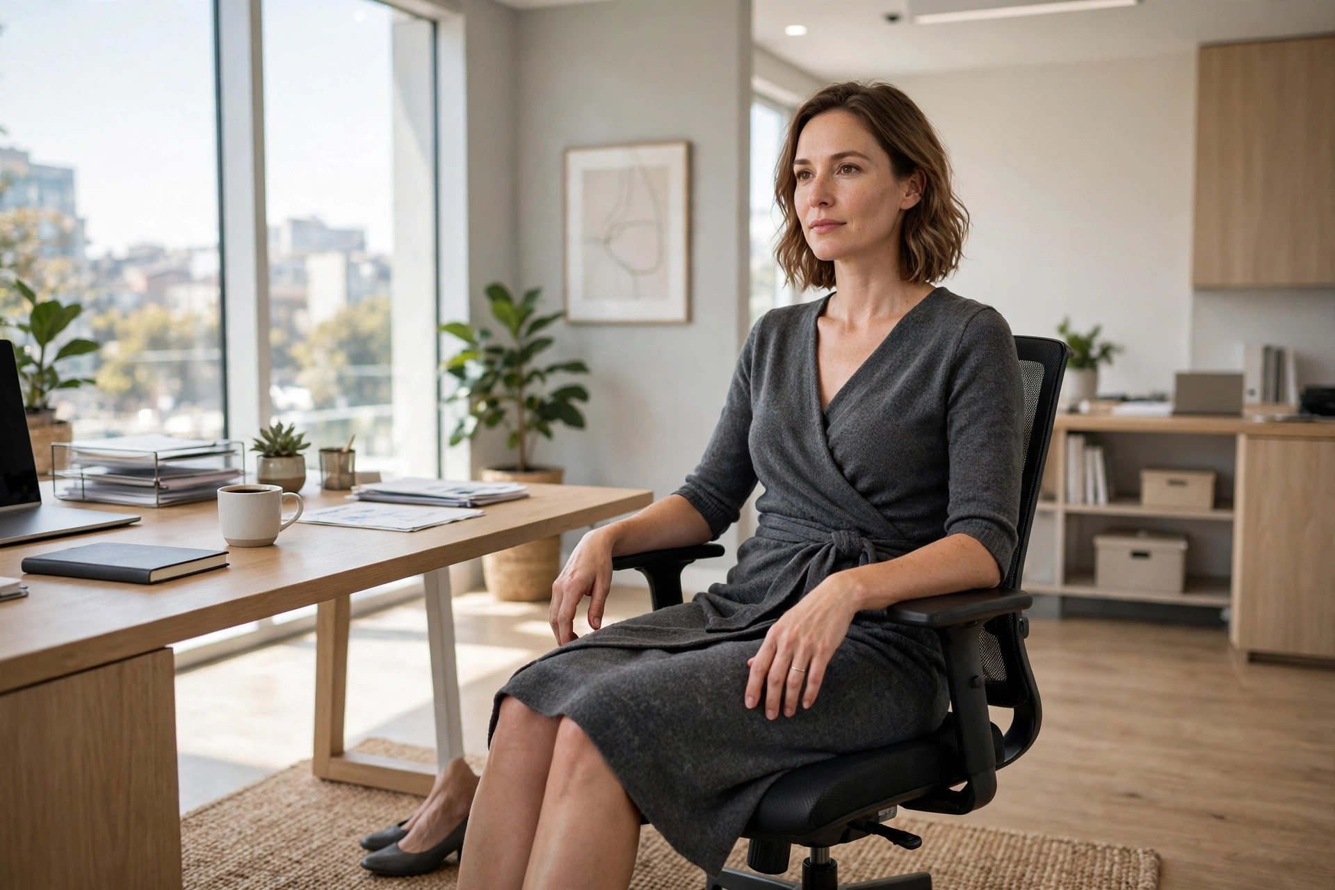 A woman in her mid 30s seated in an office chair in a charcoal knit wrap dress with three quarter sleeves