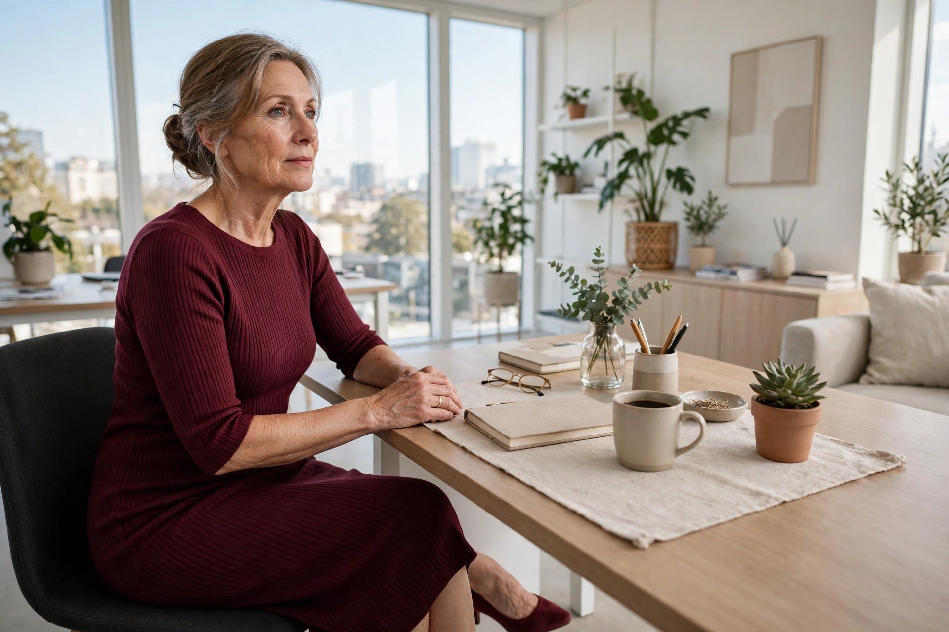A woman in her early 50s seated at a desk in a burgundy ribbed knit midi dress with three quarter sleeves