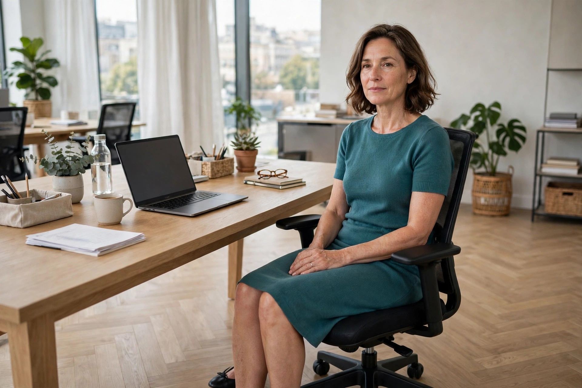 A woman in her mid 40s seated in an office chair in a teal knit shift dress with short sleeves and black ballet flats