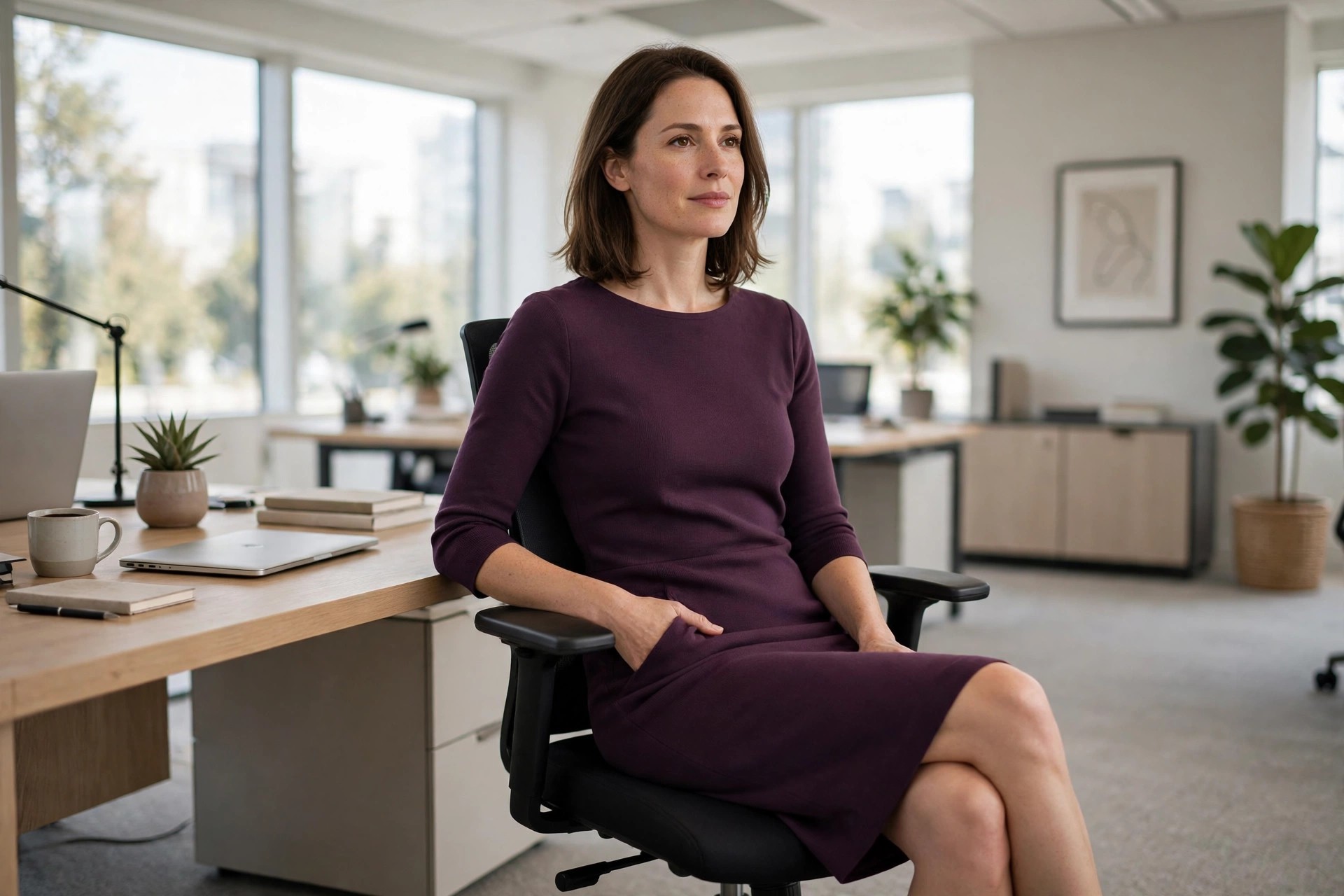 A woman in her mid 30s seated in an office chair in a plum ponte sheath dress with side pockets and three quarter sleeves