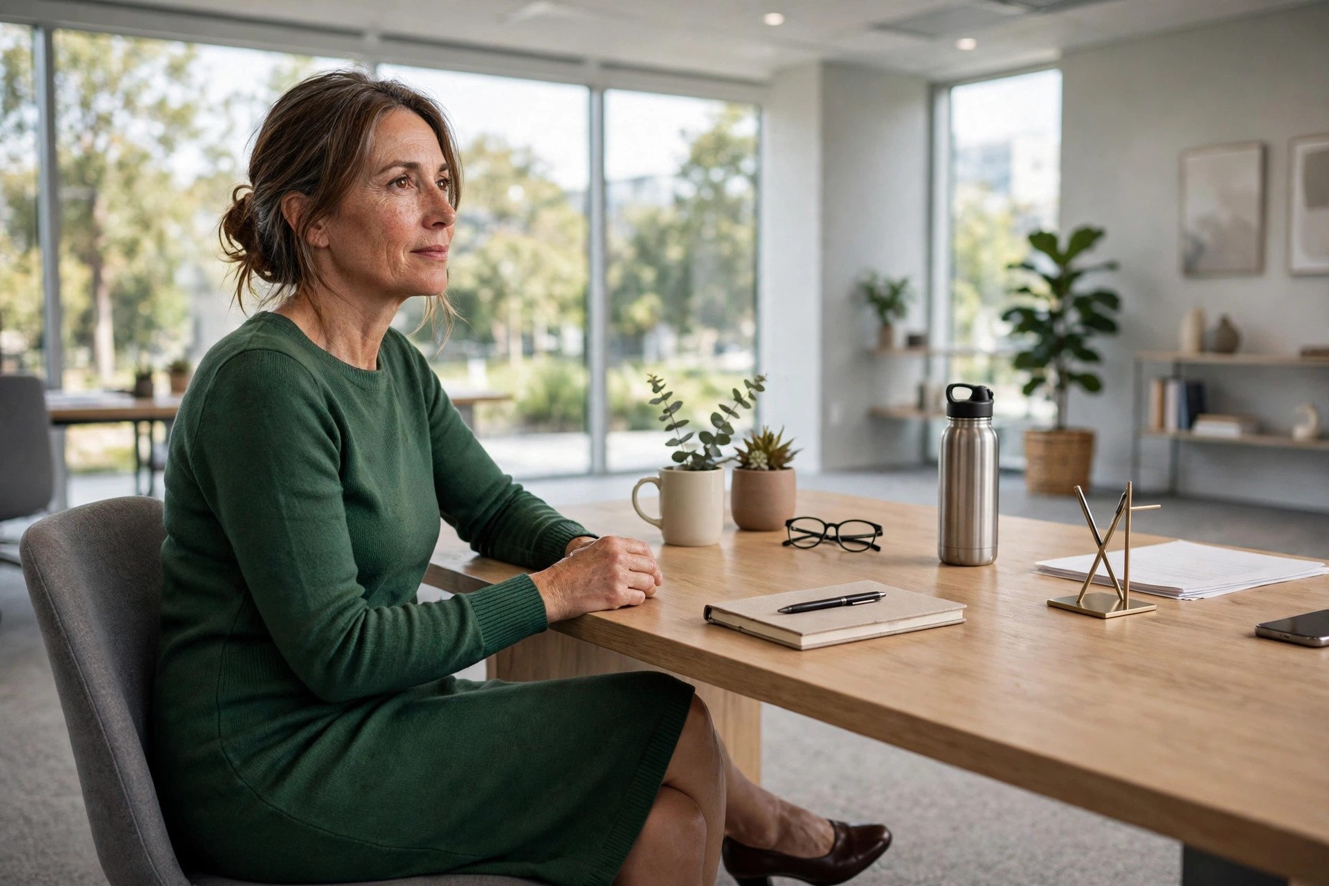A woman in her late 40s seated at a desk in a forest green long sleeve knit dress with dark brown low heels