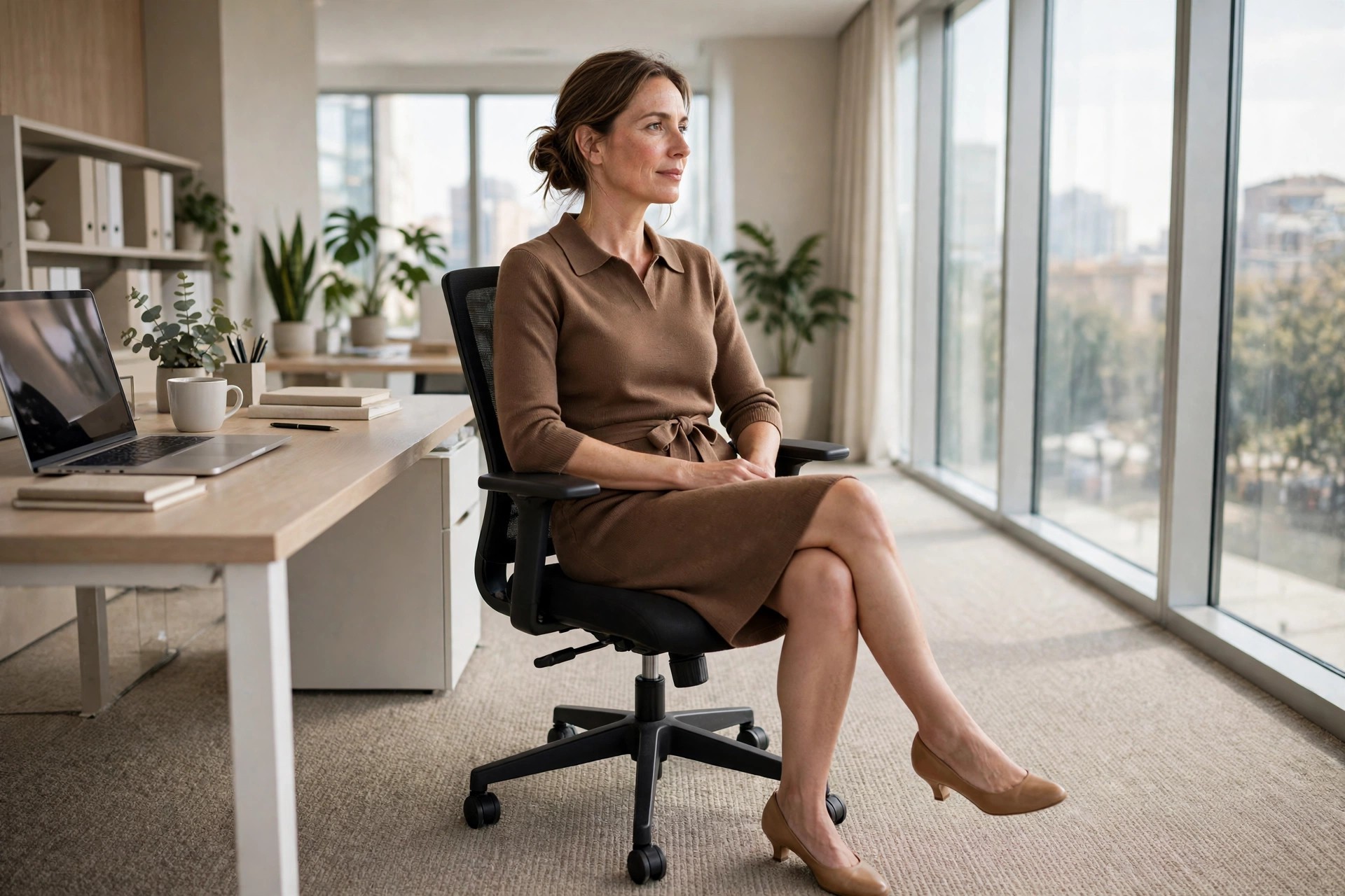 A woman in her early 40s seated in an office chair in a brown knit shirt dress with a collar and a fabric belt