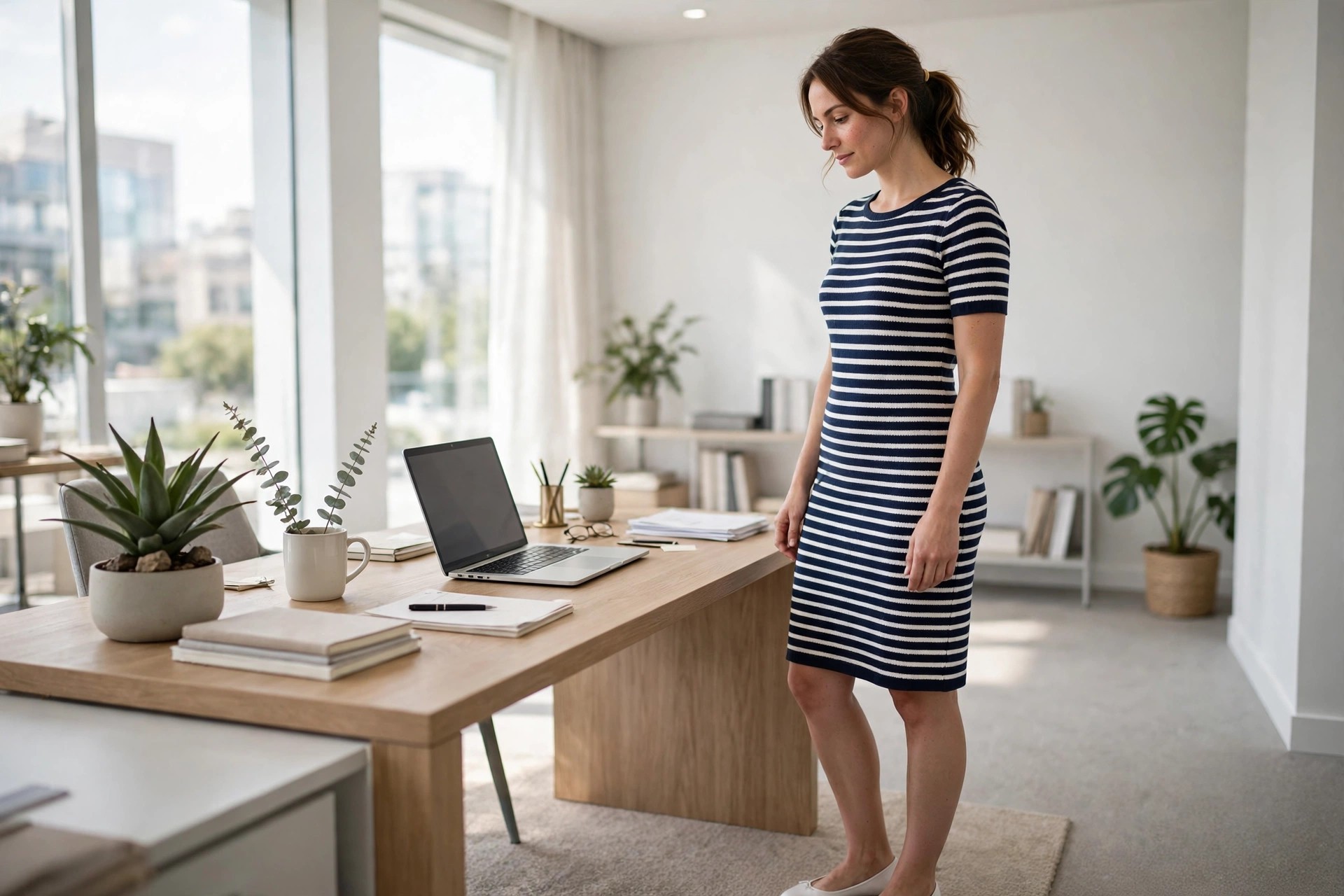 A woman in her late 20s standing beside a desk in a navy and white striped knit sheath dress with white ballet flats