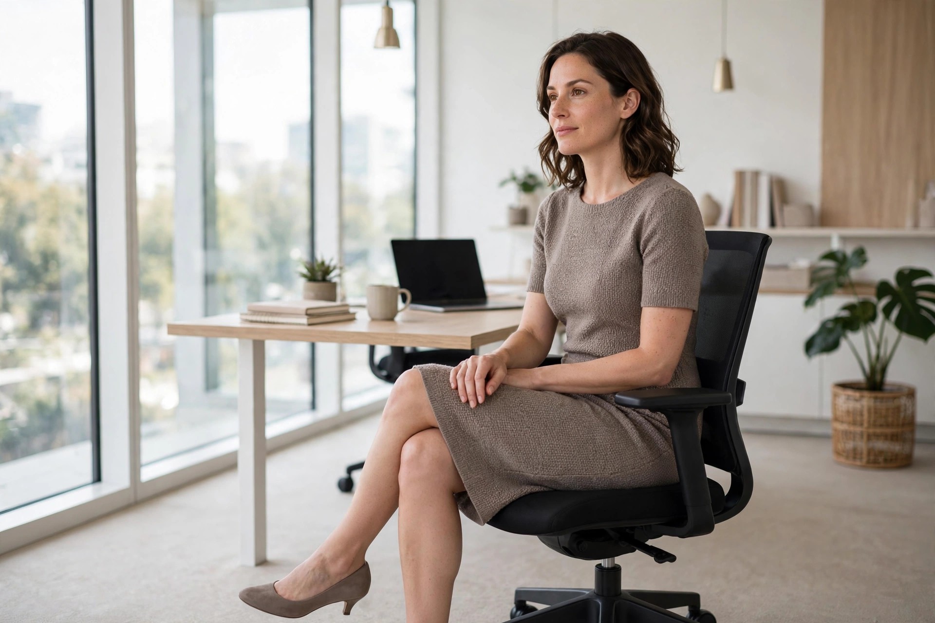 A woman in her early 30s seated in an office chair in a taupe textured knit sheath dress with short sleeves