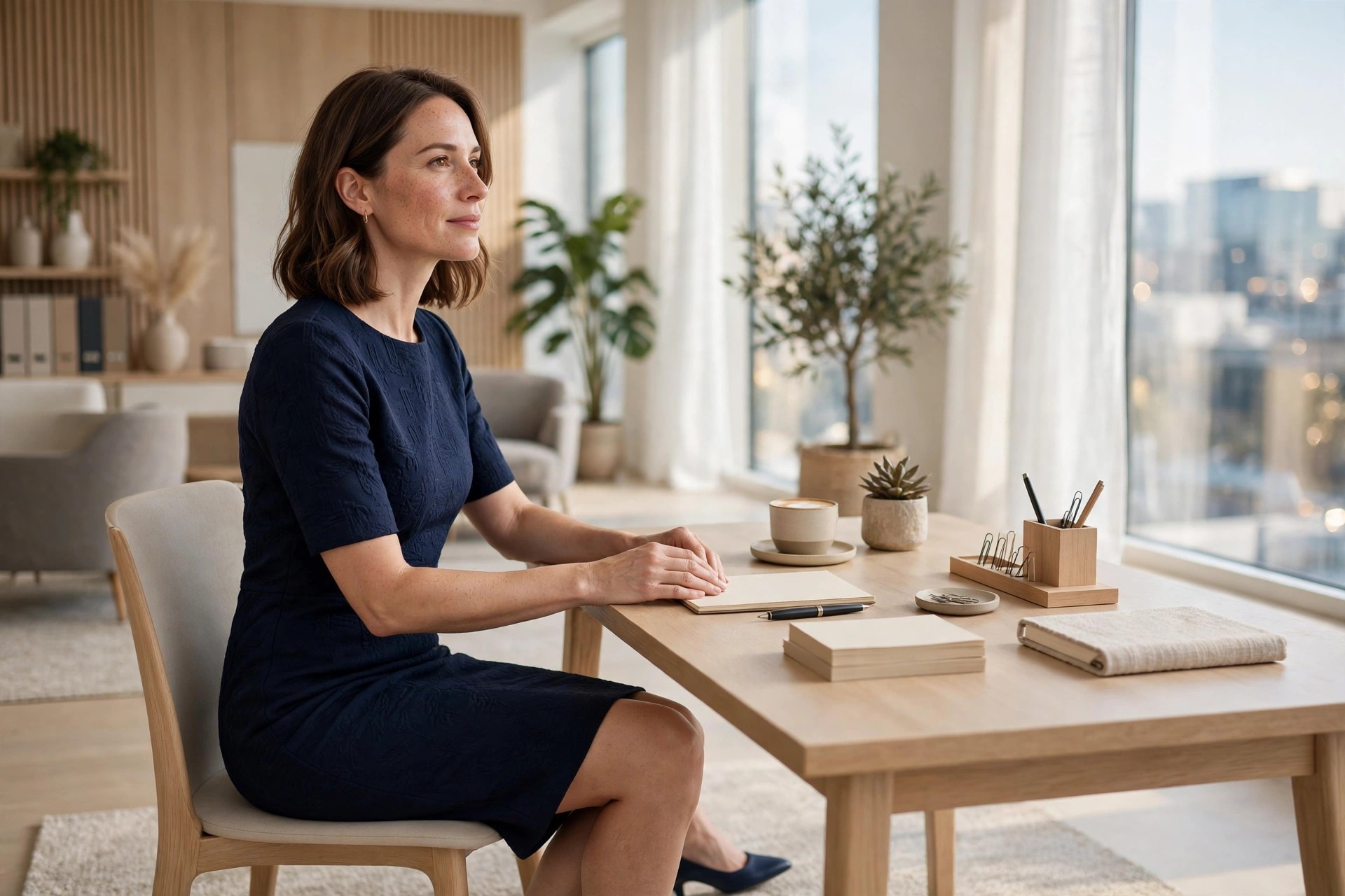 A woman in her late 30s seated at a desk in a navy jacquard knit sheath dress with short sleeves