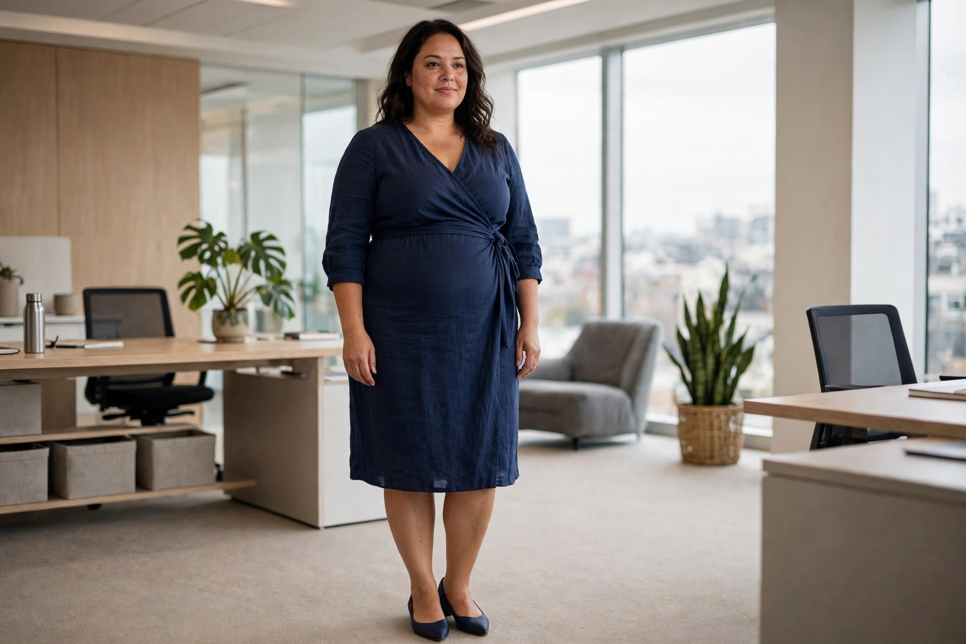 Woman with a fuller midsection in a navy wrap dress with navy pointed flats in a modern office